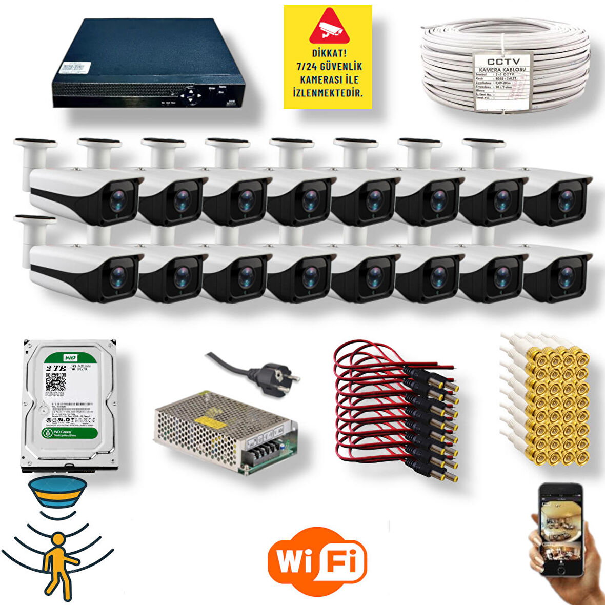 Qromax 16 Kameralı Set - Hareket Algılayan Gece Görüşlü 5 MP SONY Lensli 4 Array Ledli 1080P FULLHD Metal Kasa Güvenlik Kamerası Seti 3004