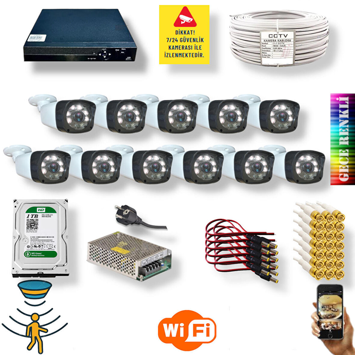 Qromax 11 Kameralı Set - Hareket Algılayan Gece Renkli Gösteren 5 MP SONY Lensli 6 Warm Ledli 1080P FULLHD Güvenlik Kamerası Seti 516W