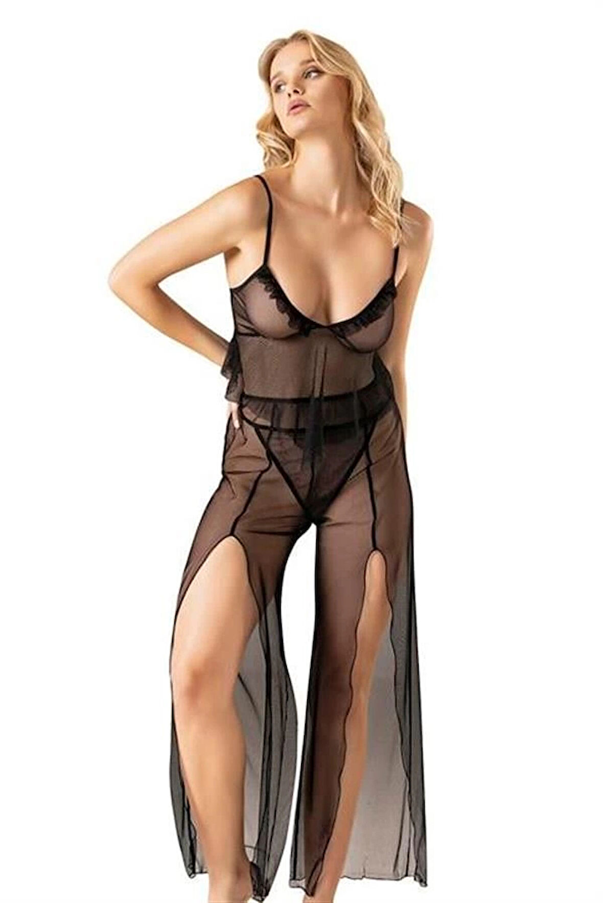 Amora Secret Kadın Fantazi İç Giyim Askılı Yırtmaçlı File Takım - Şehvetli ve Zarif Tasarım