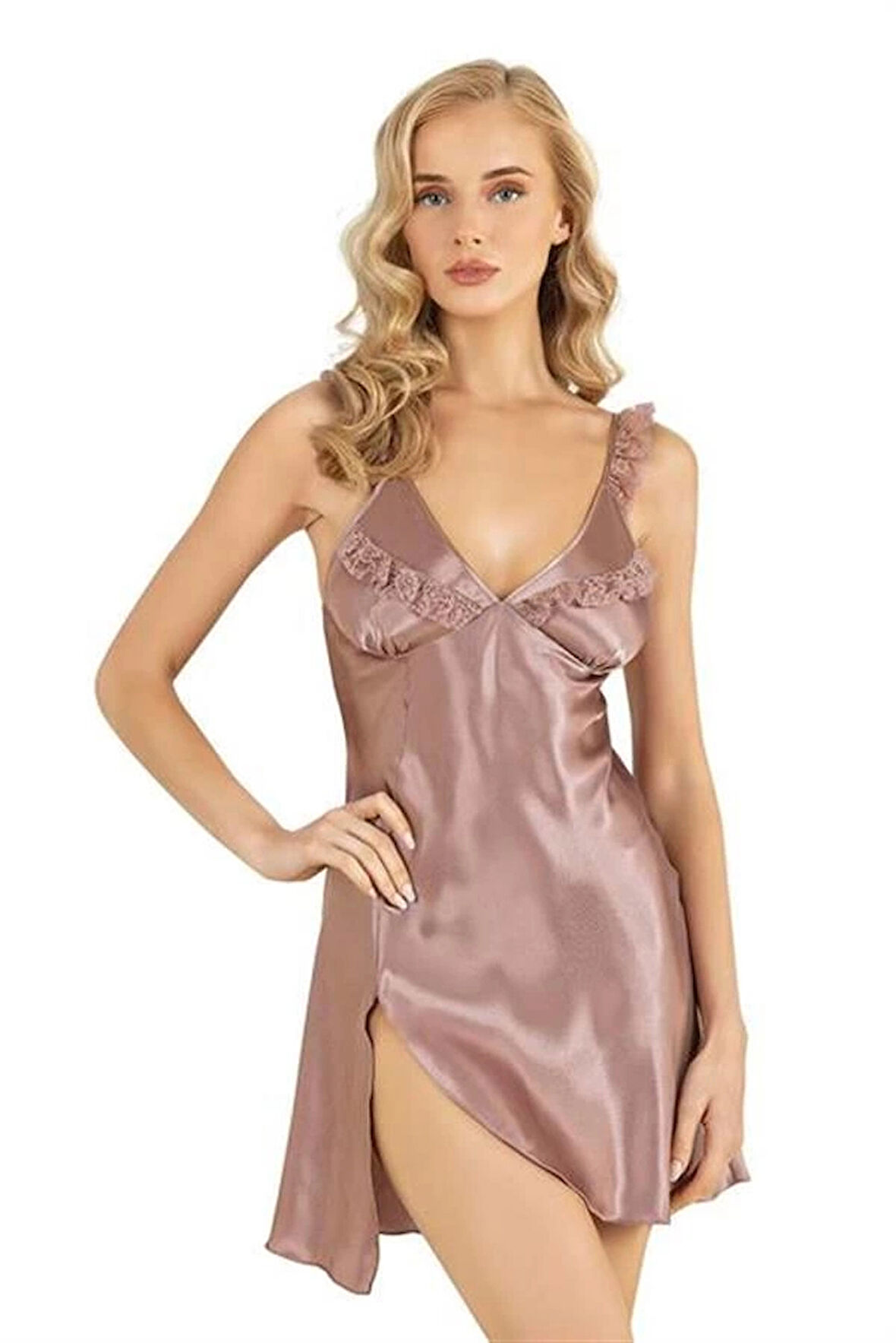 Amora Secret Kadın Fantazi İç Giyim Vizon Kısa Saten Gecelik 8237 - Şehvetli ve Zarif Tasarım
