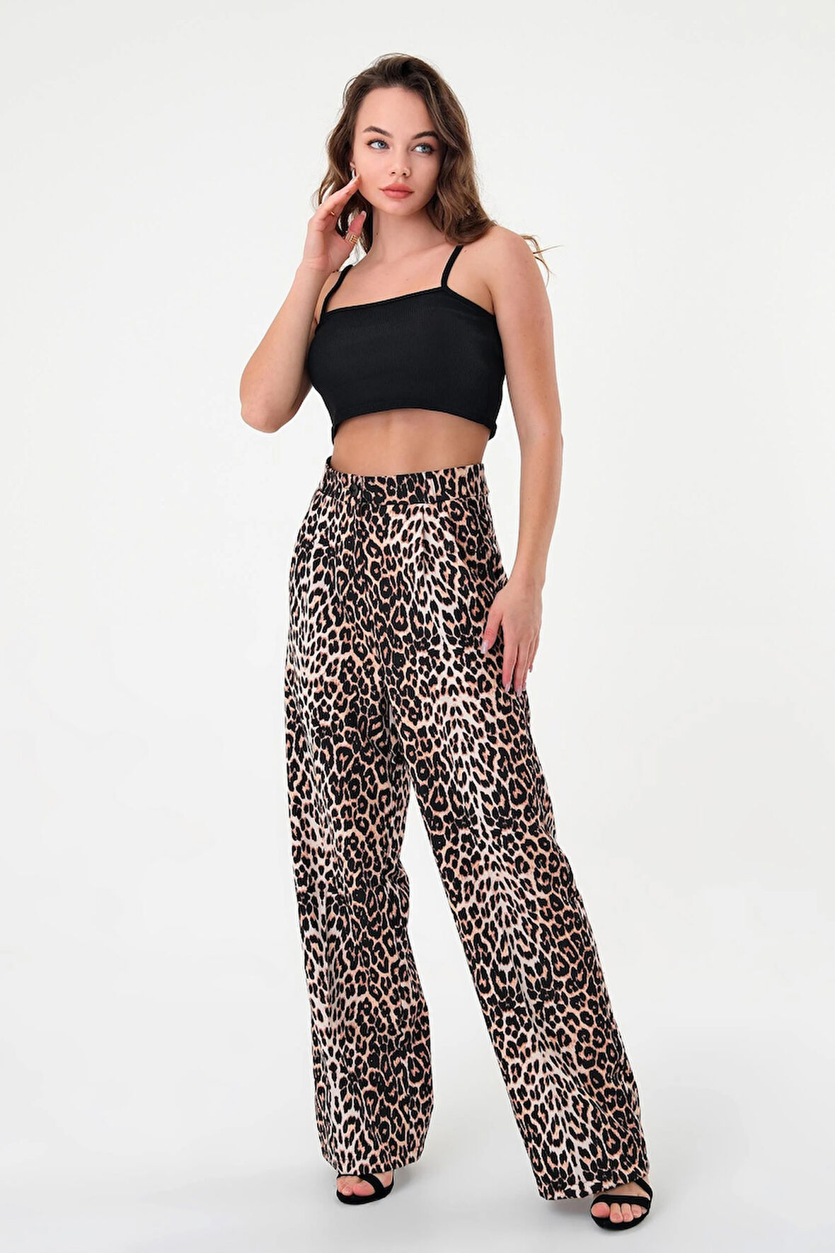 Kadın Kahverengi Pix Leopar Desenli Yüksek Bel Palazzo Pantolon