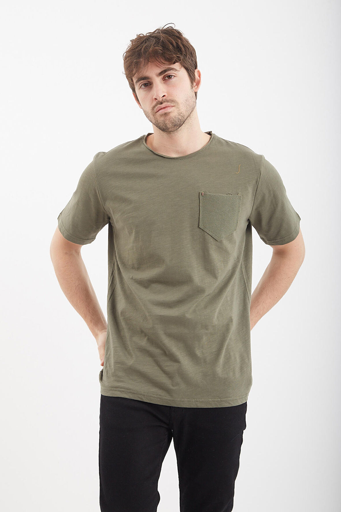 Flamlı Cepli Sıfır Yaka Trender  Erkek T-Shirt 2000 HAKİ