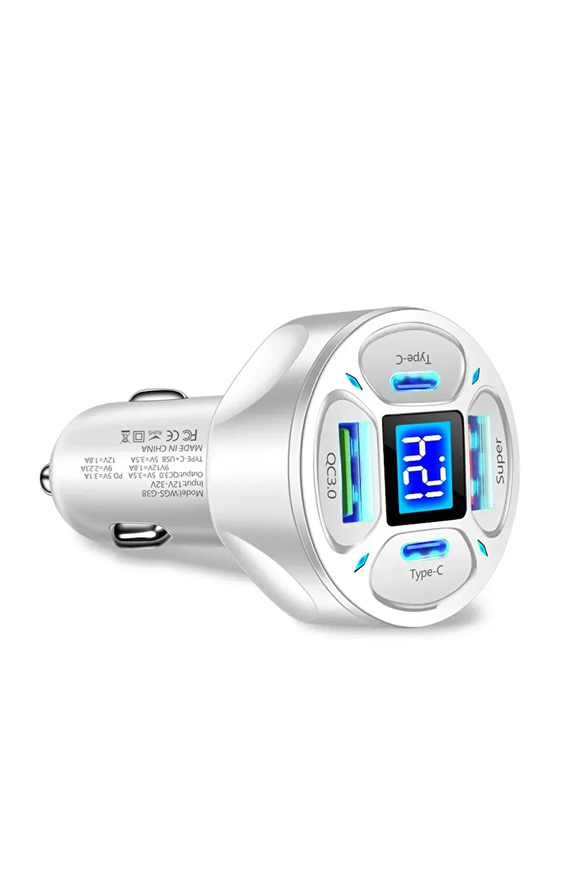 LED Dijital Ekranlı 2 USB + 2 Type C Portlu Hızlı Araç Şarjı - Beyaz
