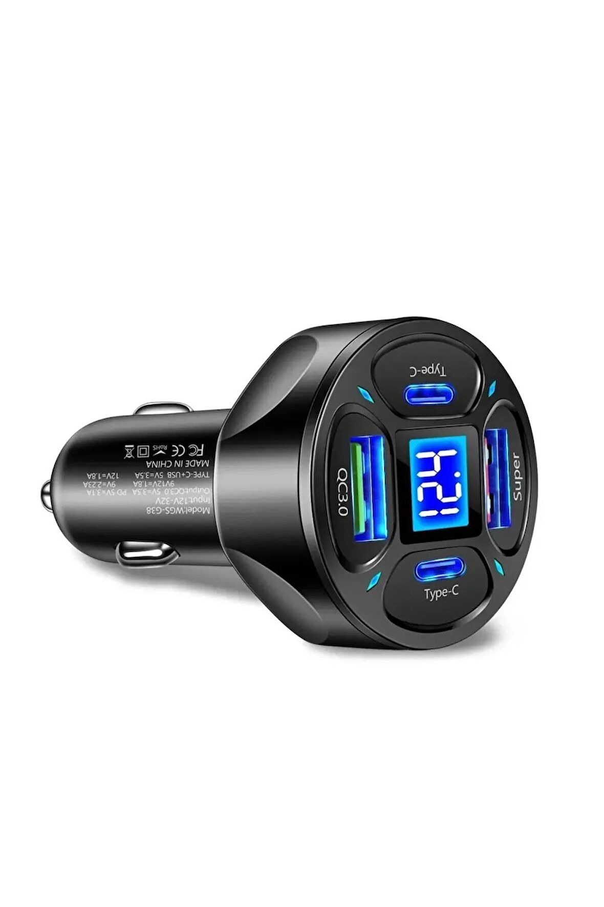 LED Dijital Ekranlı 2 USB + 2 Type C Portlu Hızlı Araç Şarjı