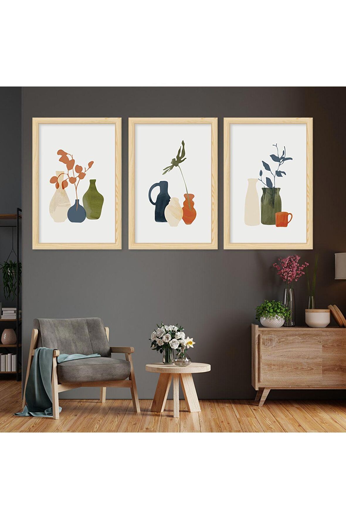 Gümüş Aynalı Pleksi Çerçeveli Üçlü Soyut Desen Çiçek Üçlü Mdf Tablo Seti