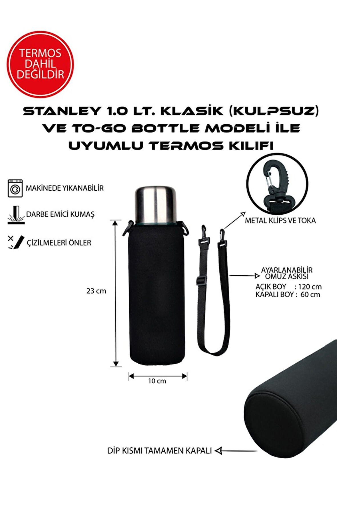 Klasik Kulpsuz 1.0 Lt. ile Uyumlu Omuz Askılı Termos Kılıfı