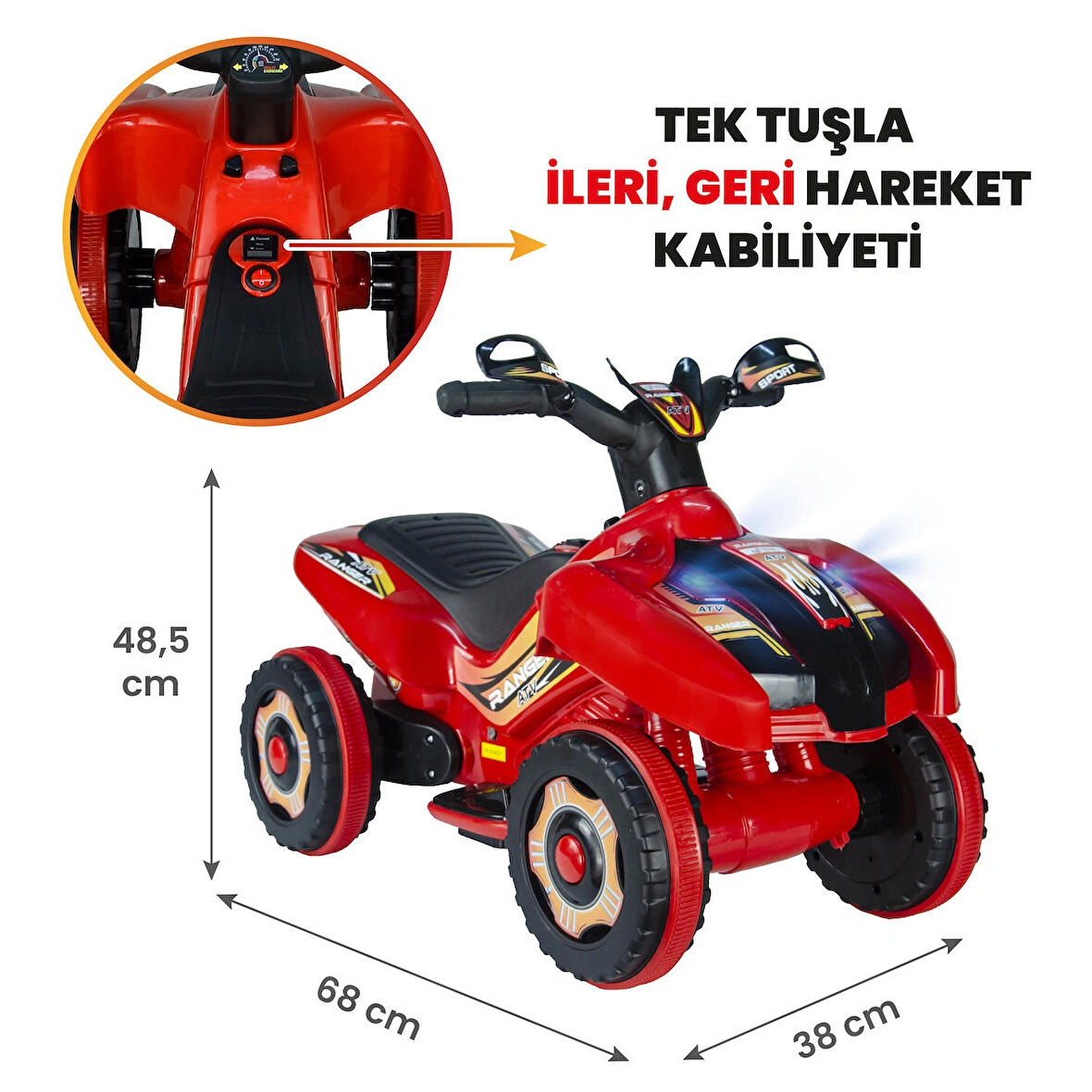 Uj Toys Müzikli ve Led Işıklı Akülü Atv 6V Ranger-Kırmızı