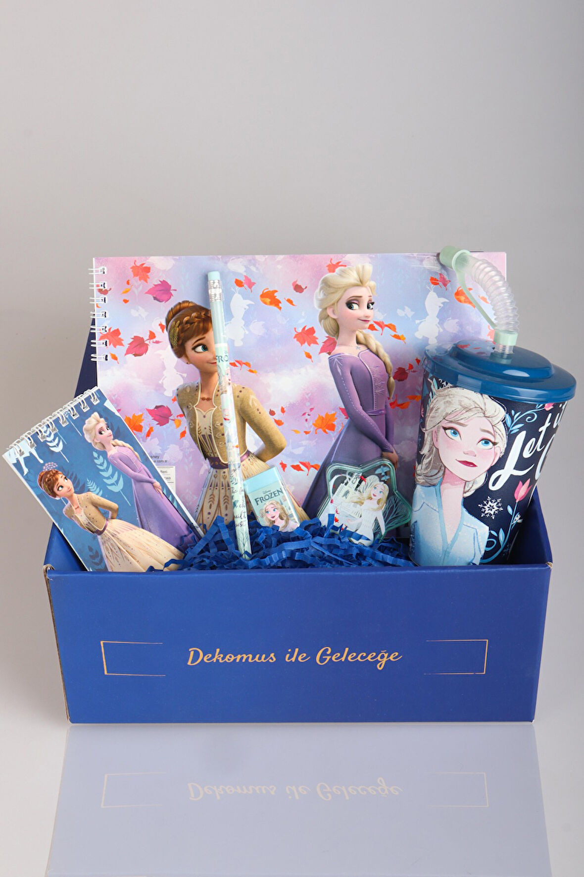 DEKOMUS LİSANSLI İLE GIFT BOX ÖZEL KUTULU "FROZEN KARLAR ÜLKESİ KIRTASİYE SETİ" PİPETLİ BARDAK,SİLGİ,NOT DEFTERİ 