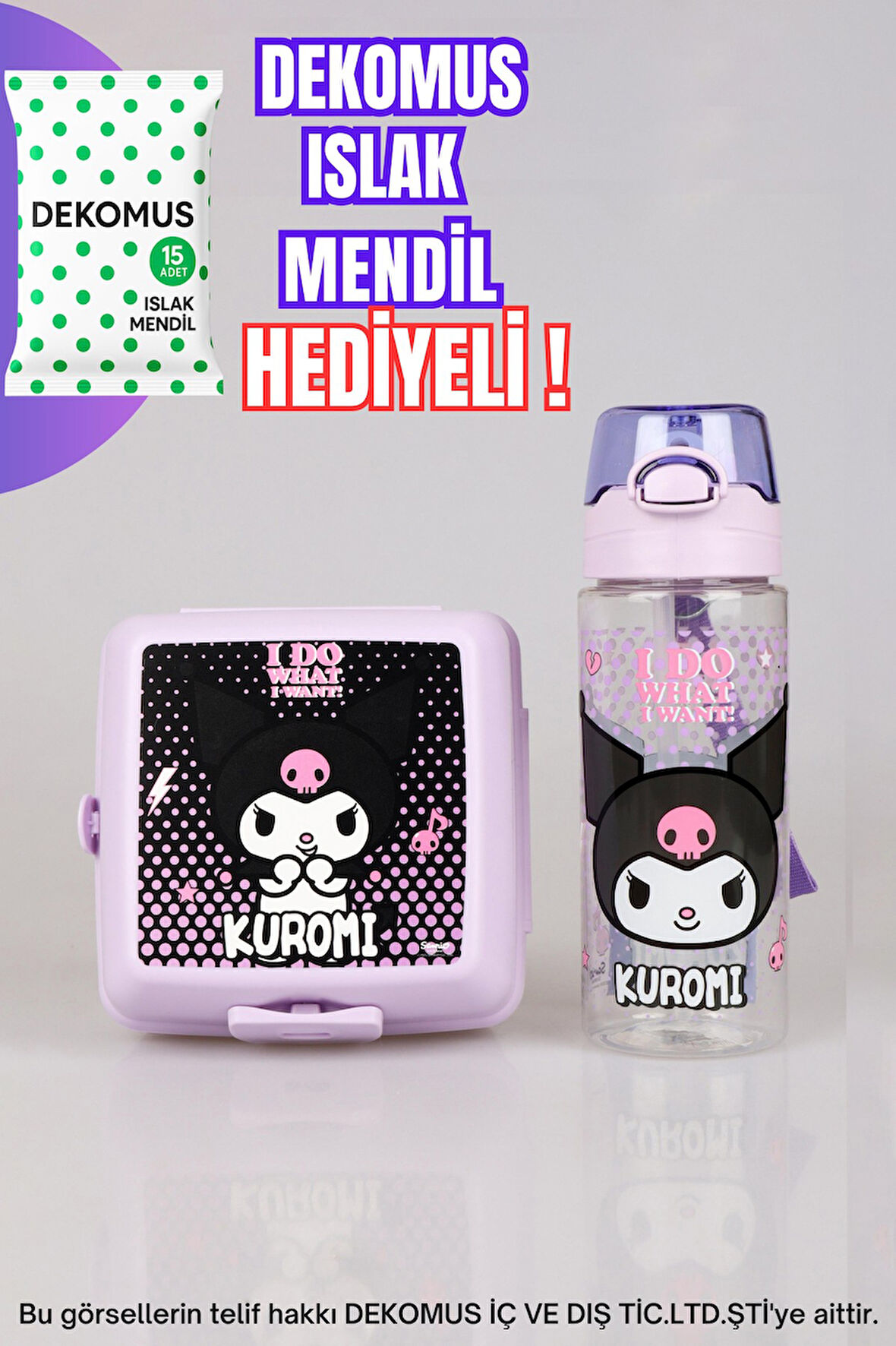 DEKOMUS İLE YENİ SEZON LİSANSLI KUROMI TRITAN MATARA 500 ML VE 2 KATLI BESLENME KABI YEMEK SETİ "ISLAK MENDİL HEDİYELİ"