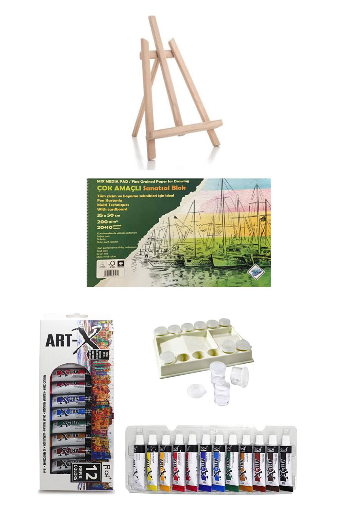Art-x 12 Ml 12 'li Akrilik Set-orta Boy Şövale-art Liva Resim Defteri-4 Parça Sanat Seti