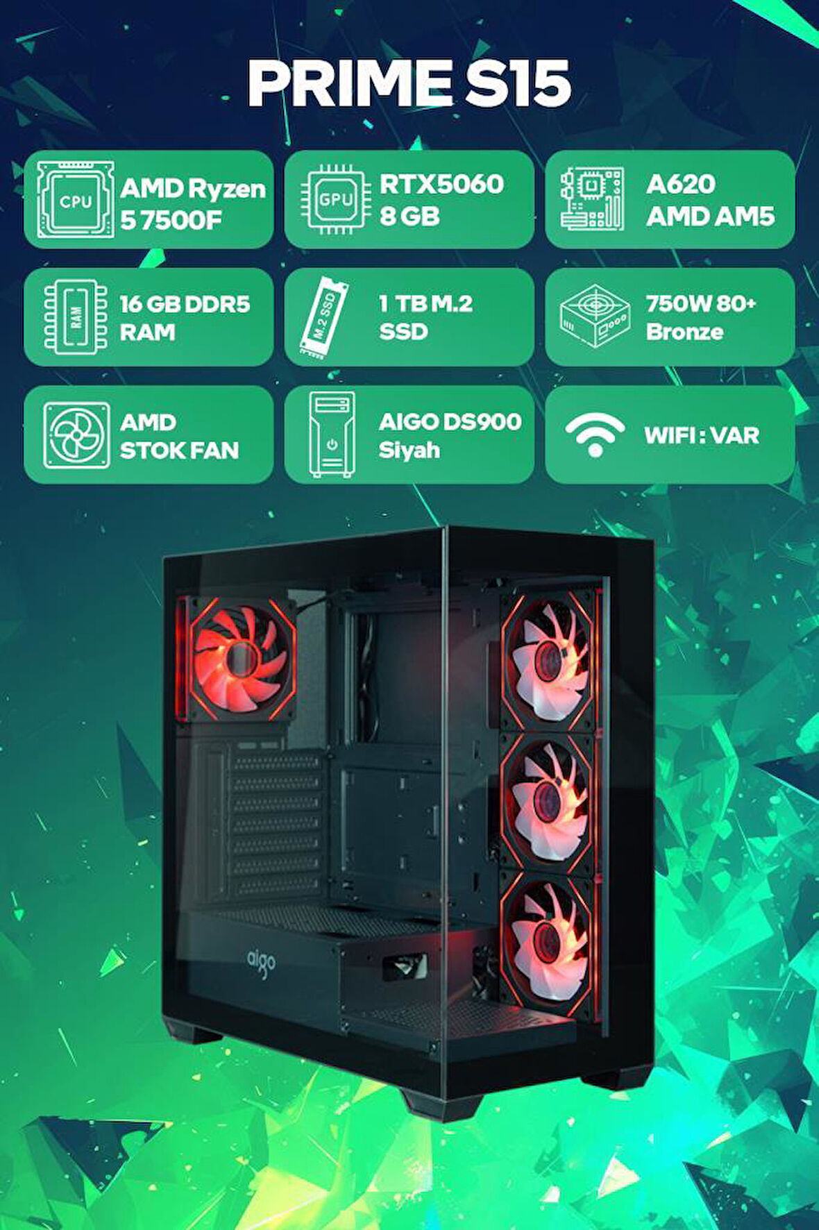 Game Garaj Prime S15 AMD Ryzen 5 7500F 16GB RAM 1TB SSD RTX5060 8GB FreeDOS Oyuncu Tavsiye Sistem