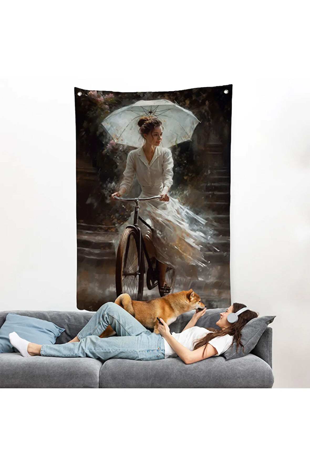 Şemsiye İle Bisiklet Süren Güzel Kadın Duvar Örtüsü-7860