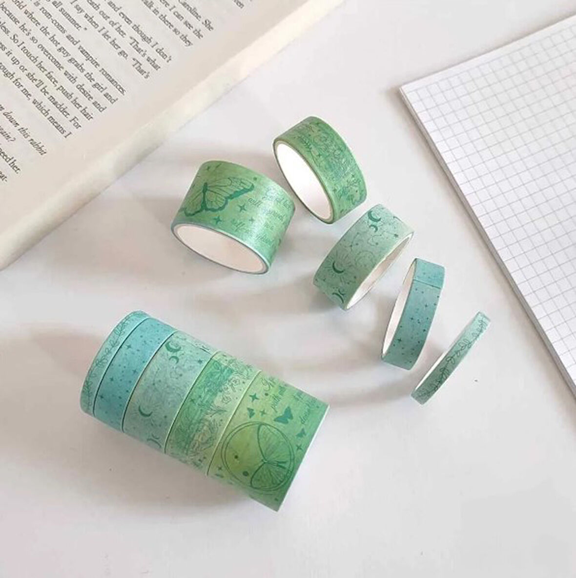 Vintage Washi Tape Bant Baskılı Yapışkanlı Maskeleme Kağıdı, Desenli bant 10 lu - Kelebek Yazı