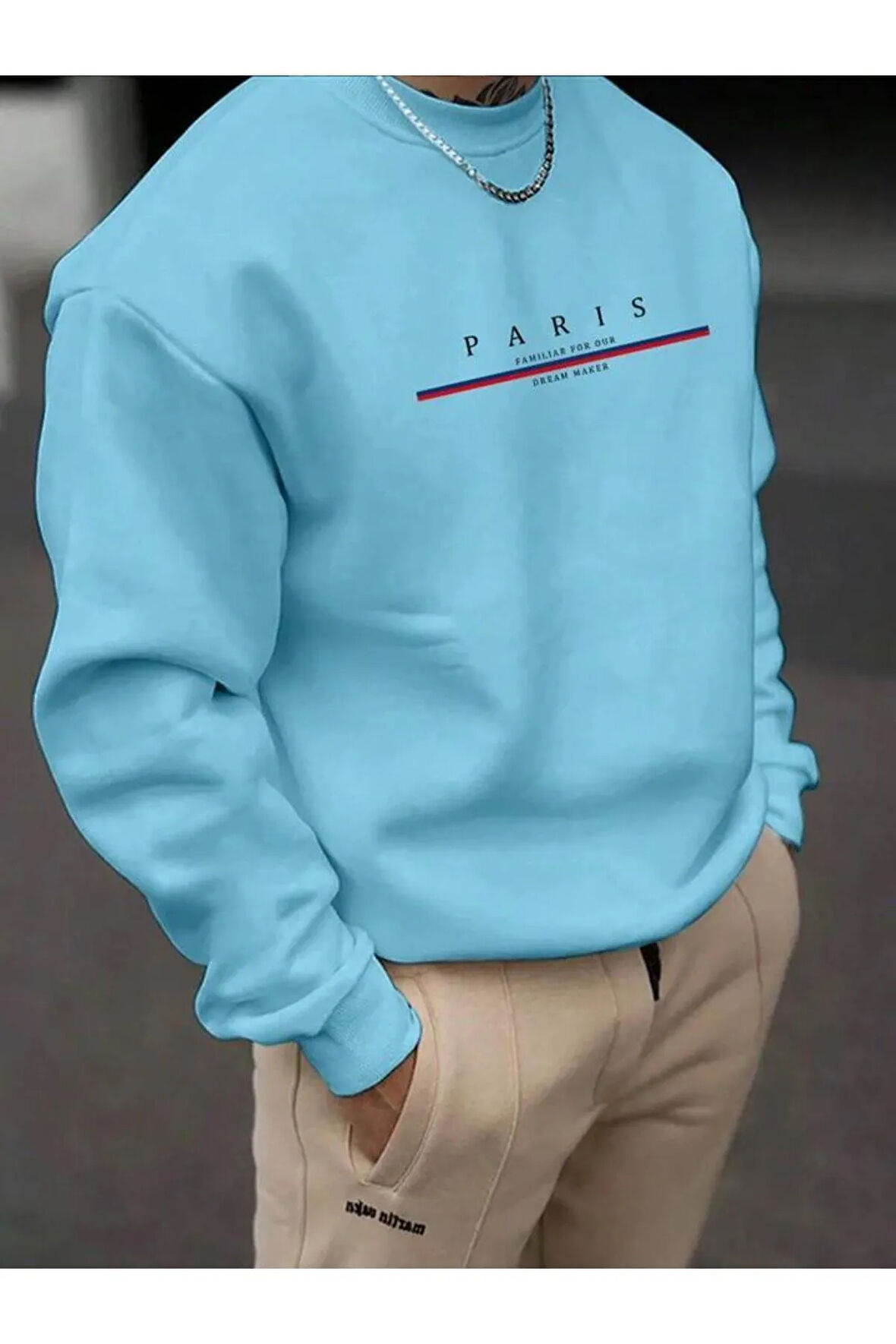 Erkek Bebe Mavi Paris Baskılı Bisiklet Yaka Sweatshirt
