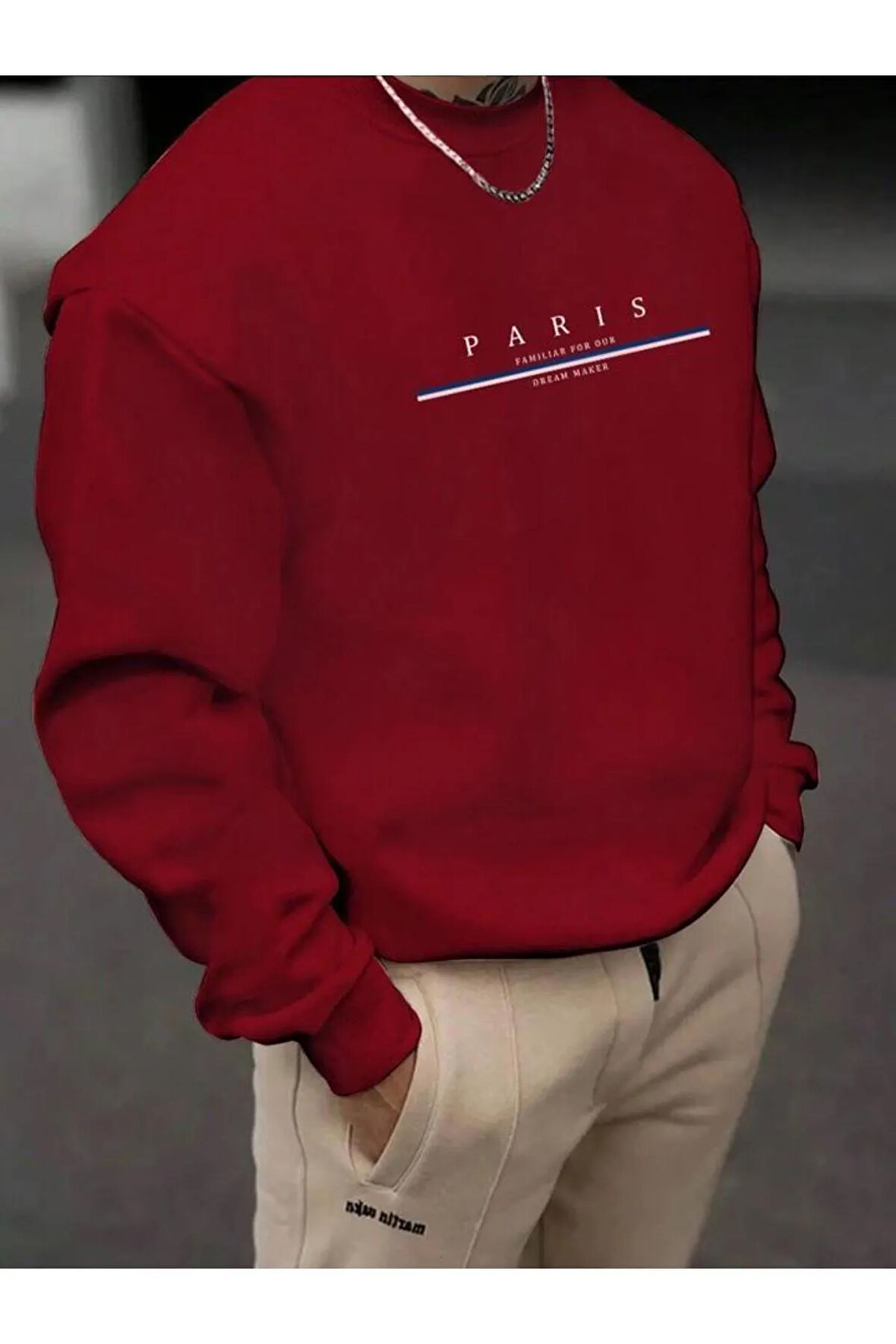 Erkek Kırmızı Paris Baskılı Bisiklet Yaka Sweatshirt
