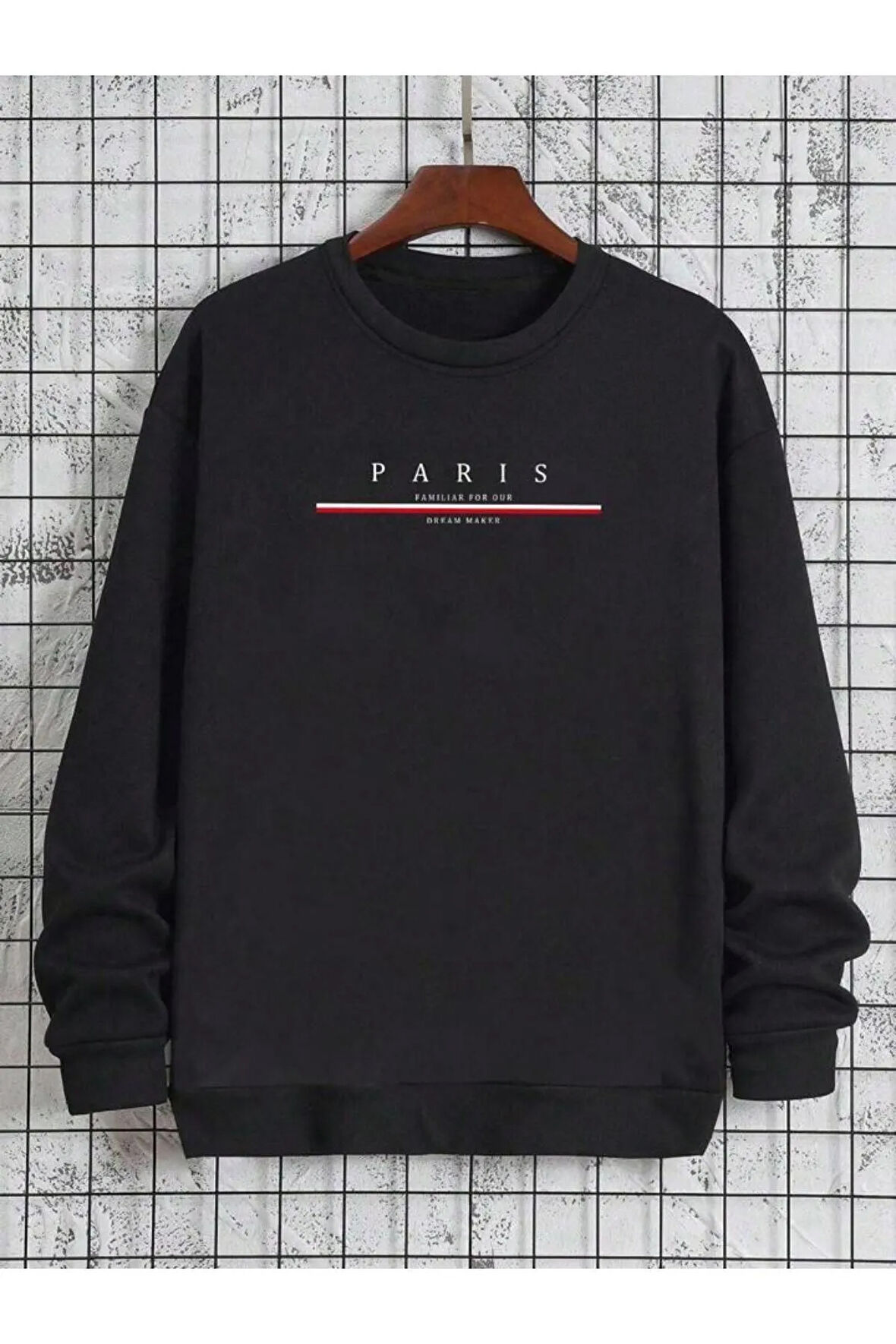 Erkek Siyah Paris Baskılı Bisiklet Yaka Sweatshirt