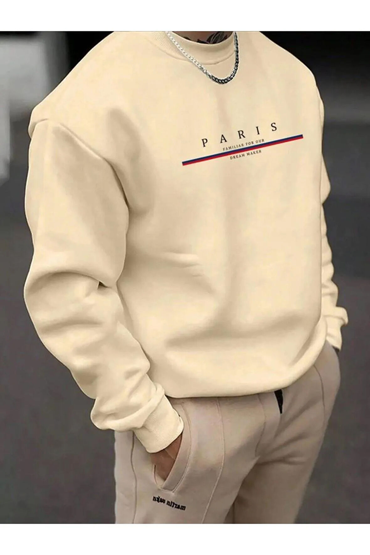 Erkek Bej Paris Baskılı Bisiklet Yaka Sweatshirt