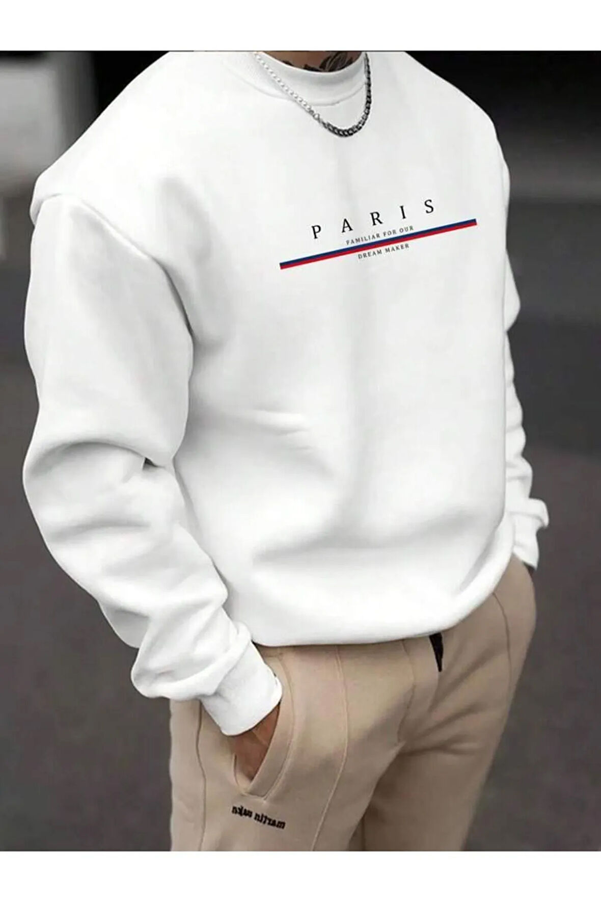 Erkek Beyaz Paris Baskılı Bisiklet Yaka Sweatshirt