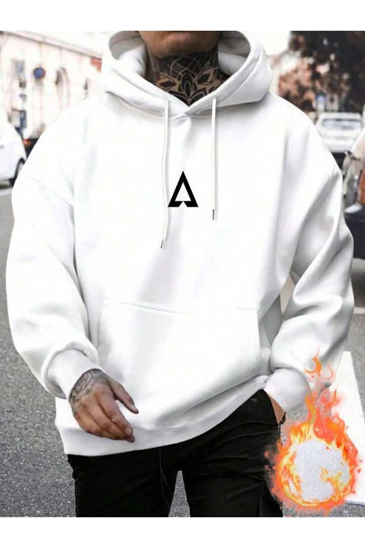 Erkek Beyaz Üçgen Baskılı Sweatshirt