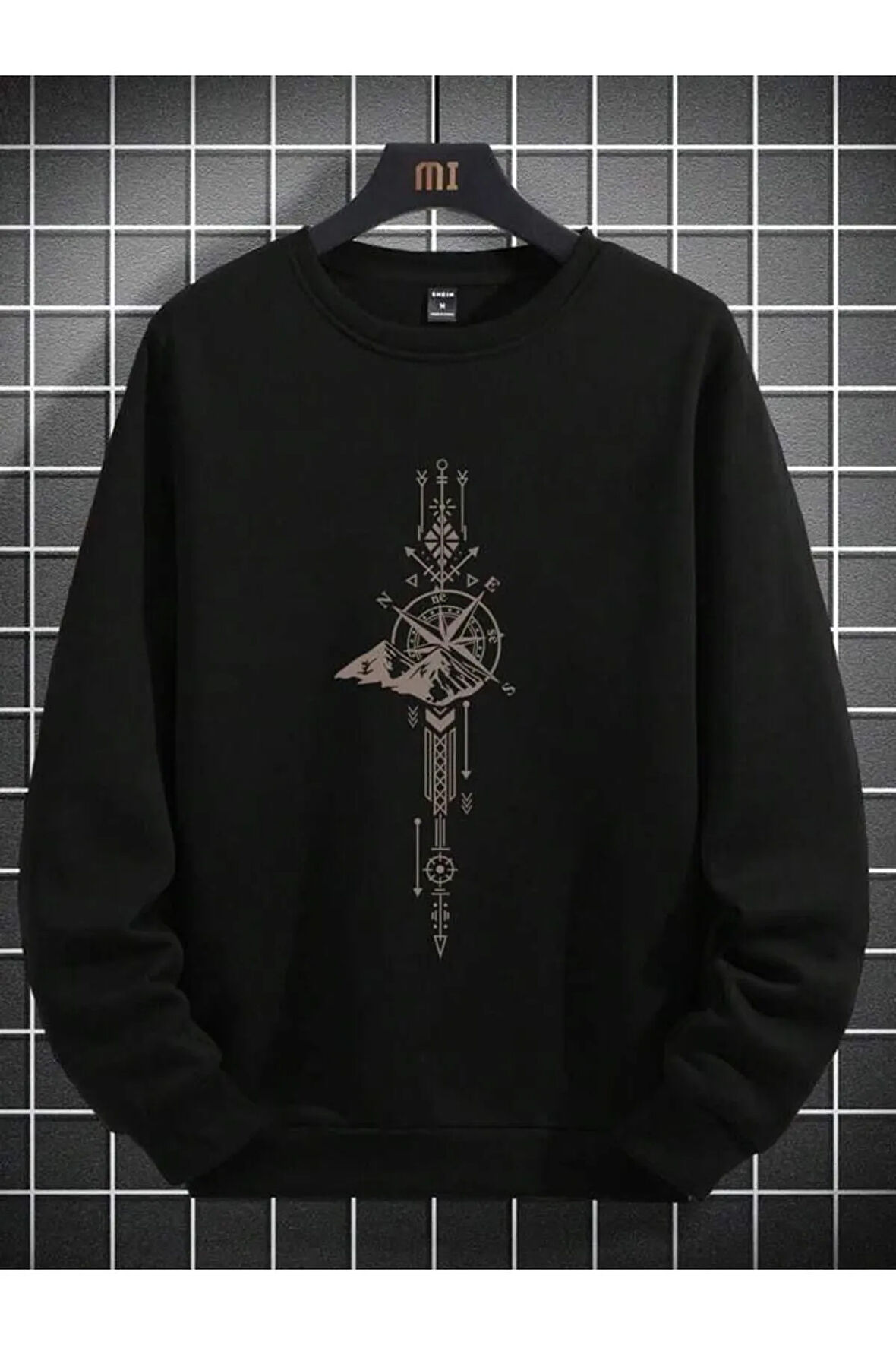 Unisex Siyah Pusula Baskılı Bisiklet Yaka Sweatshirt