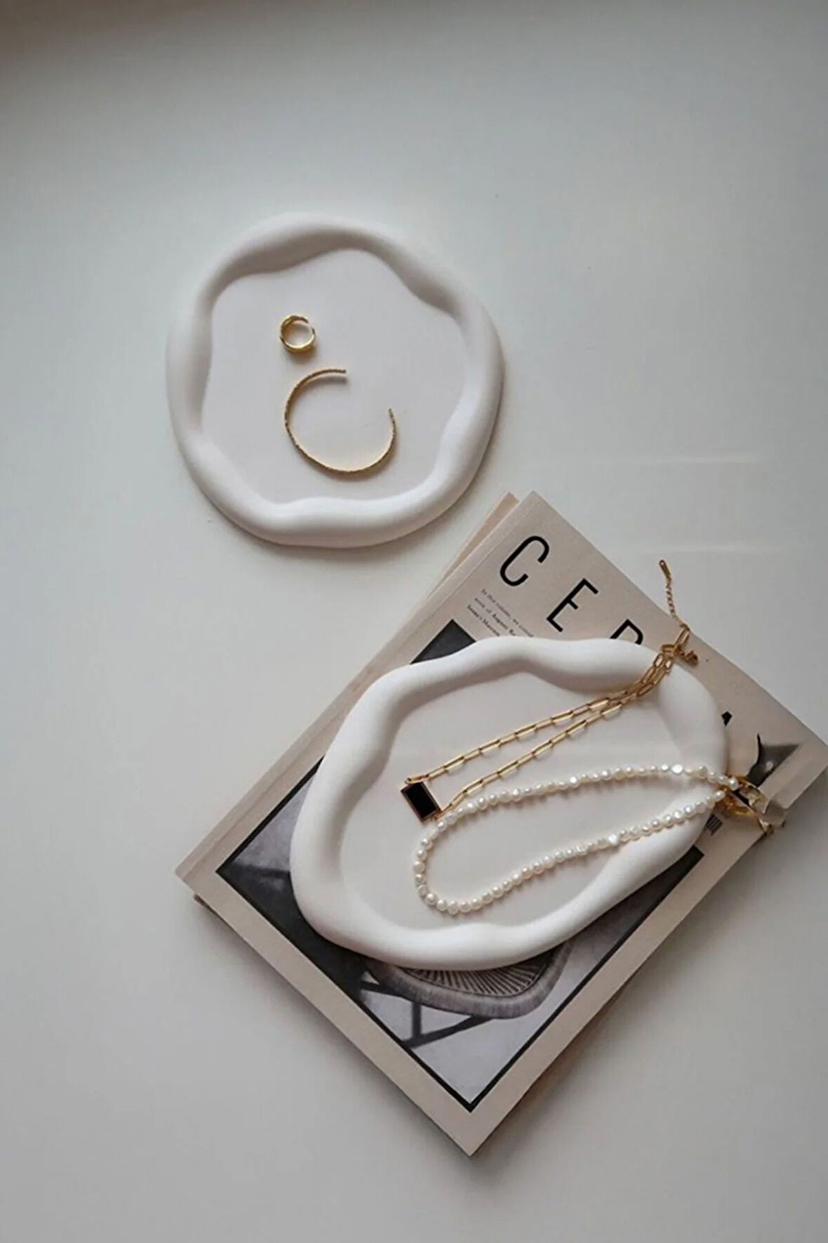 2'li Beyaz Dekoratif Beton Tabak Seti