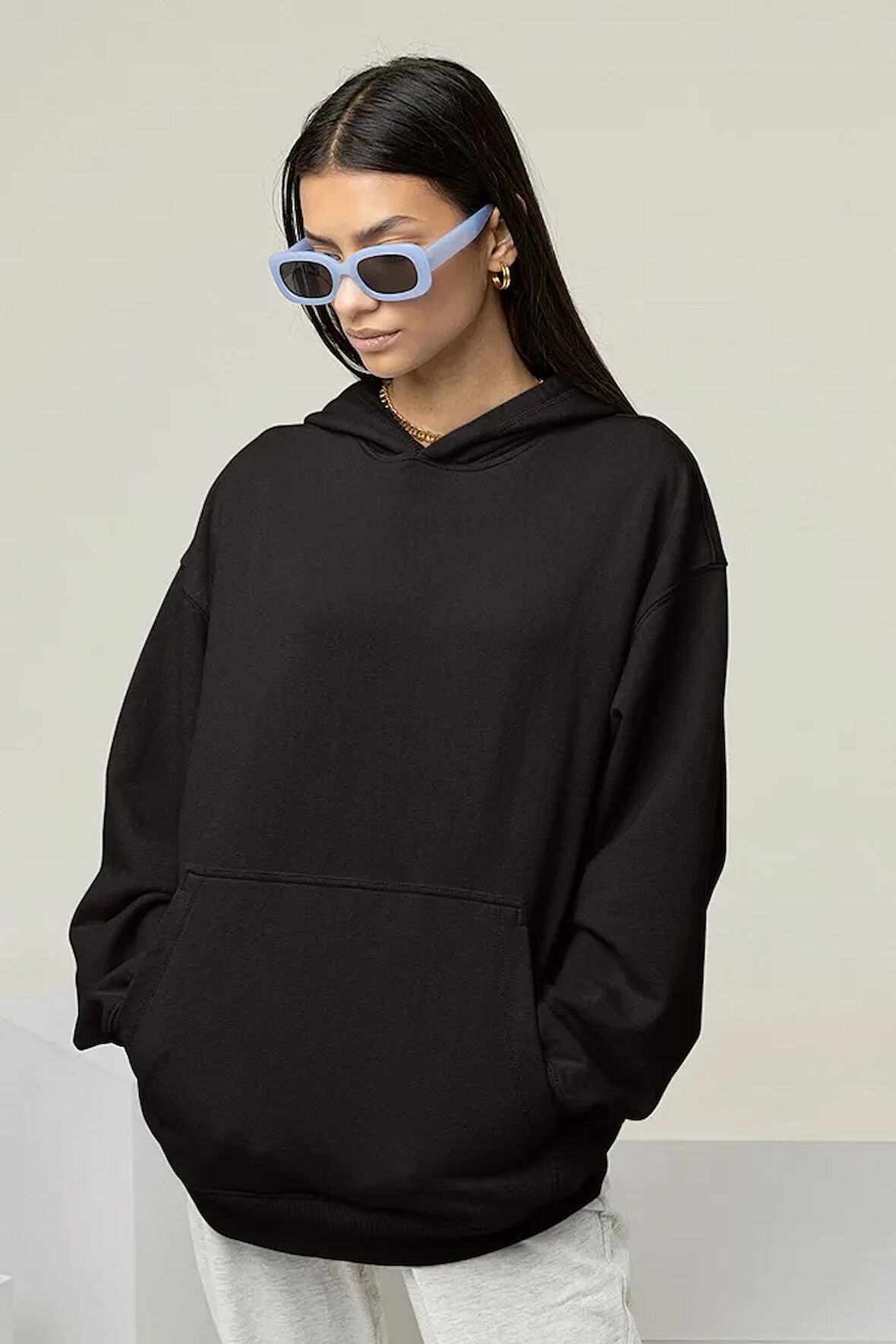 Oversize Unisex Baskısız Basic Hoodie