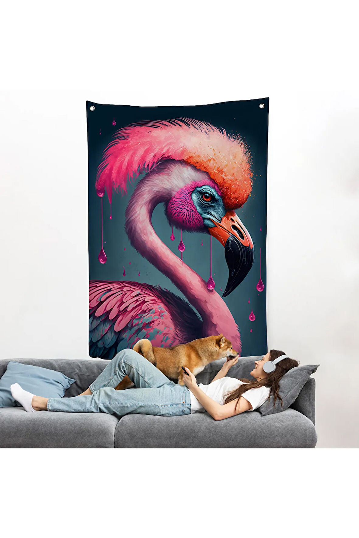 Pembe Hippi Filamingo Duvar Örtüsü-7869