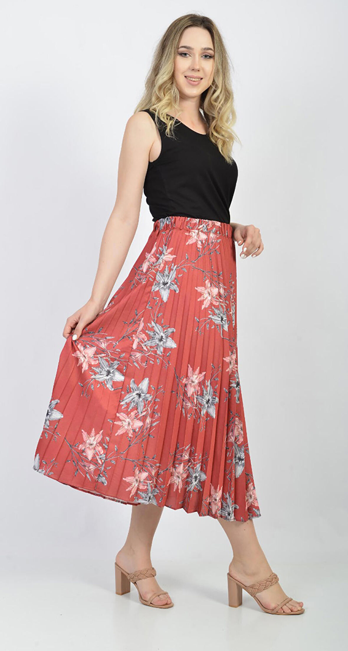 SORALLİNE KADIN ETEK PLİSOLEY SATEN EMPİRME 786 KIRMIZI