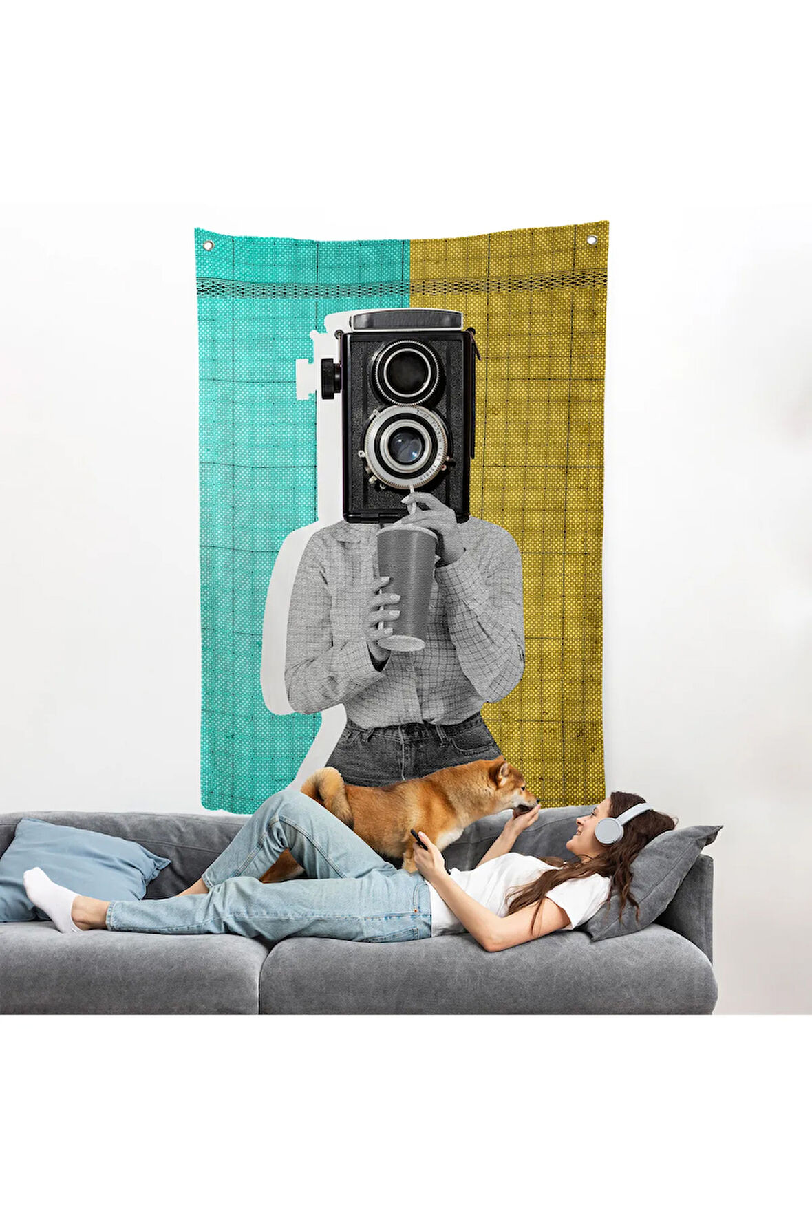 Kamera Kafalı Soyut Kadın Pop Art Duvar Örtüsü-7872
