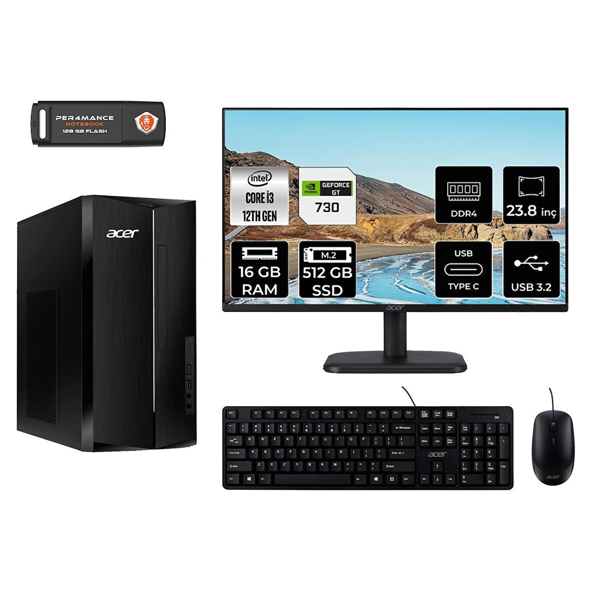 Acer Aspire TC1760 i3 12100 16GB 512GB SSD GT730/4GB FDOS DT.BHUEM.004 MASAÜSTÜ PC & 23.8" MONİTÖR
