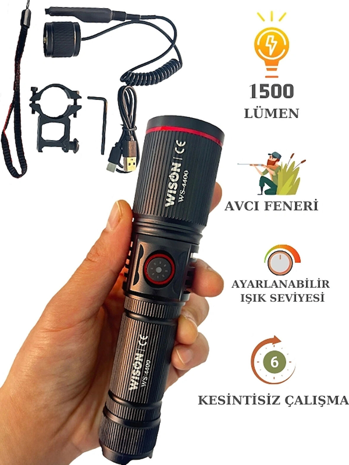 WS-4400 Tüfek Bağlantılı Avcı Feneri Süper Parlak LED Şarjlı Avcı Feneri 1500 Lümen