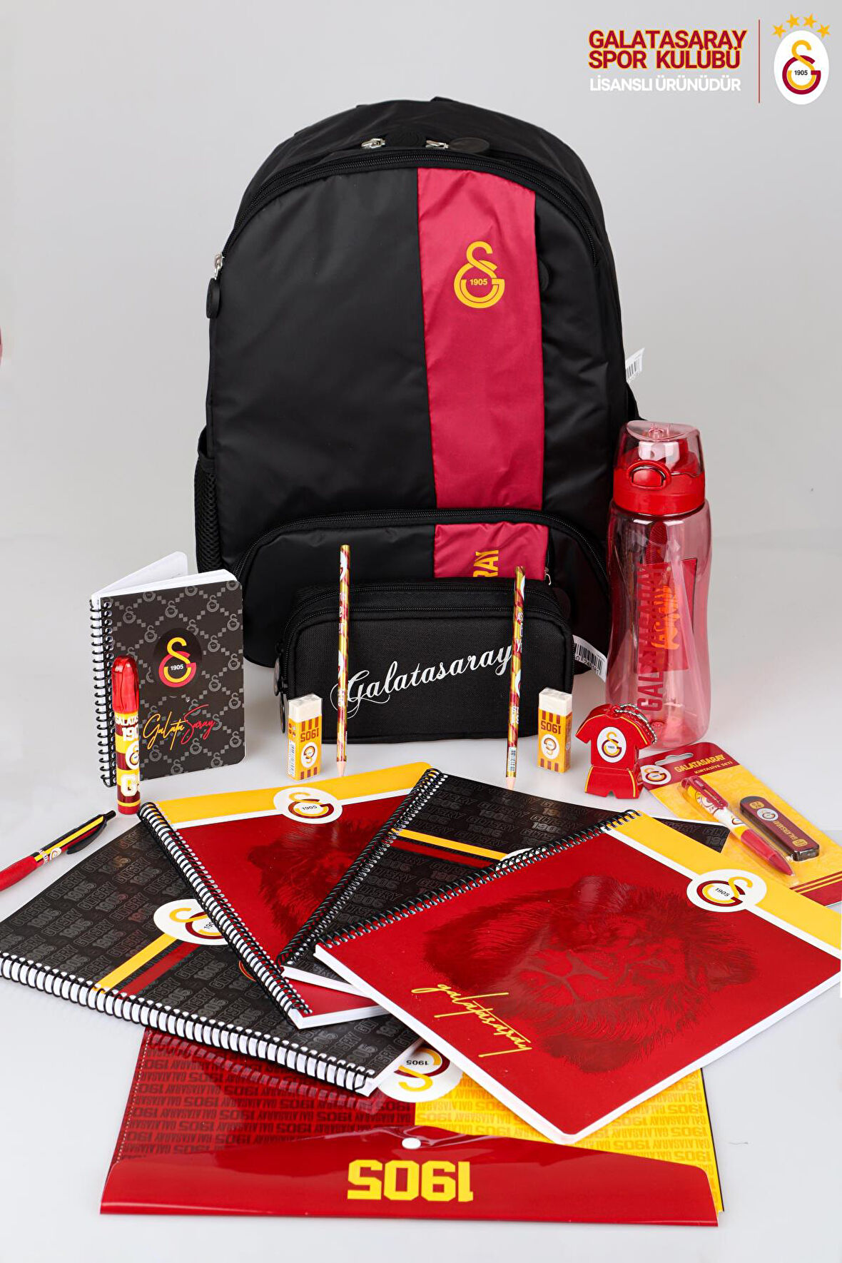 LİSANSLI GALATASARAY OKUL ÇANTASI,KALEM ÇANTASI,700 ML MATARA,4 ADET DEFTER İLE KIRTASİYE SETİ