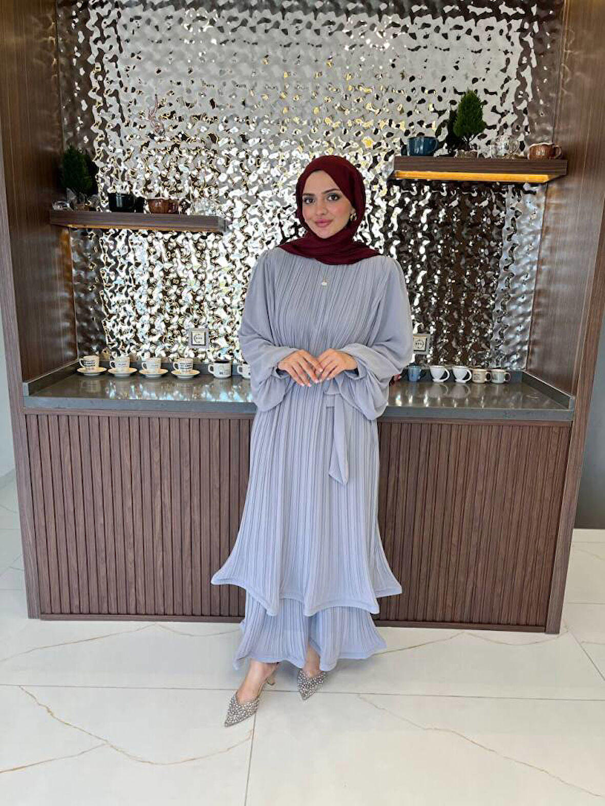 Zarif Katmanlı Kemerli Detaylı Şık Elbise ELB16074