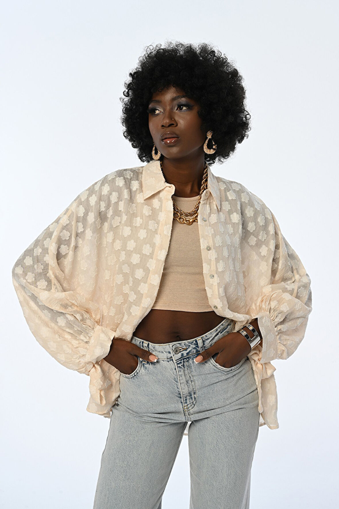 KADIN TRANSPARAN ÇİÇEK DESENLİ OVERSİZE GÖMLEK