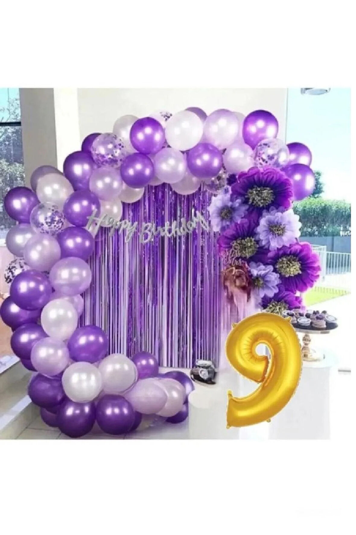 9 YAŞ LÜX MOR LİLA BALON ZİNCİR SET DOĞUM GÜNÜ PARTİ SETİ SÜSÜ