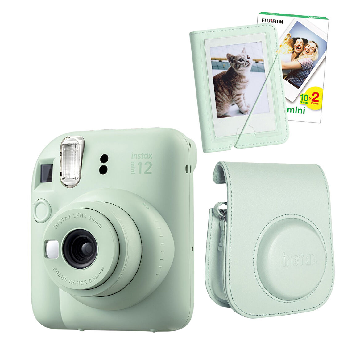 Fujifilm Instax Mini 12 Yeşil Fotoğraf Makinesi 20'lu Film Mini Albüm ve Deri Kılıf Seti