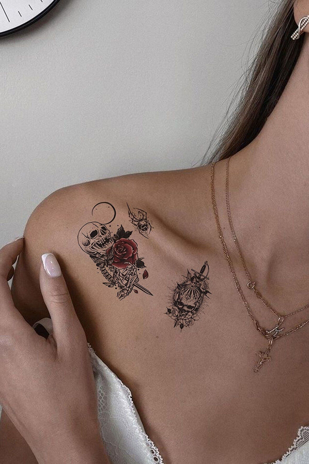 Kafatası İskelet Gül Rose Omuz Geçici Dövme Tattoo Aksesuar Şık