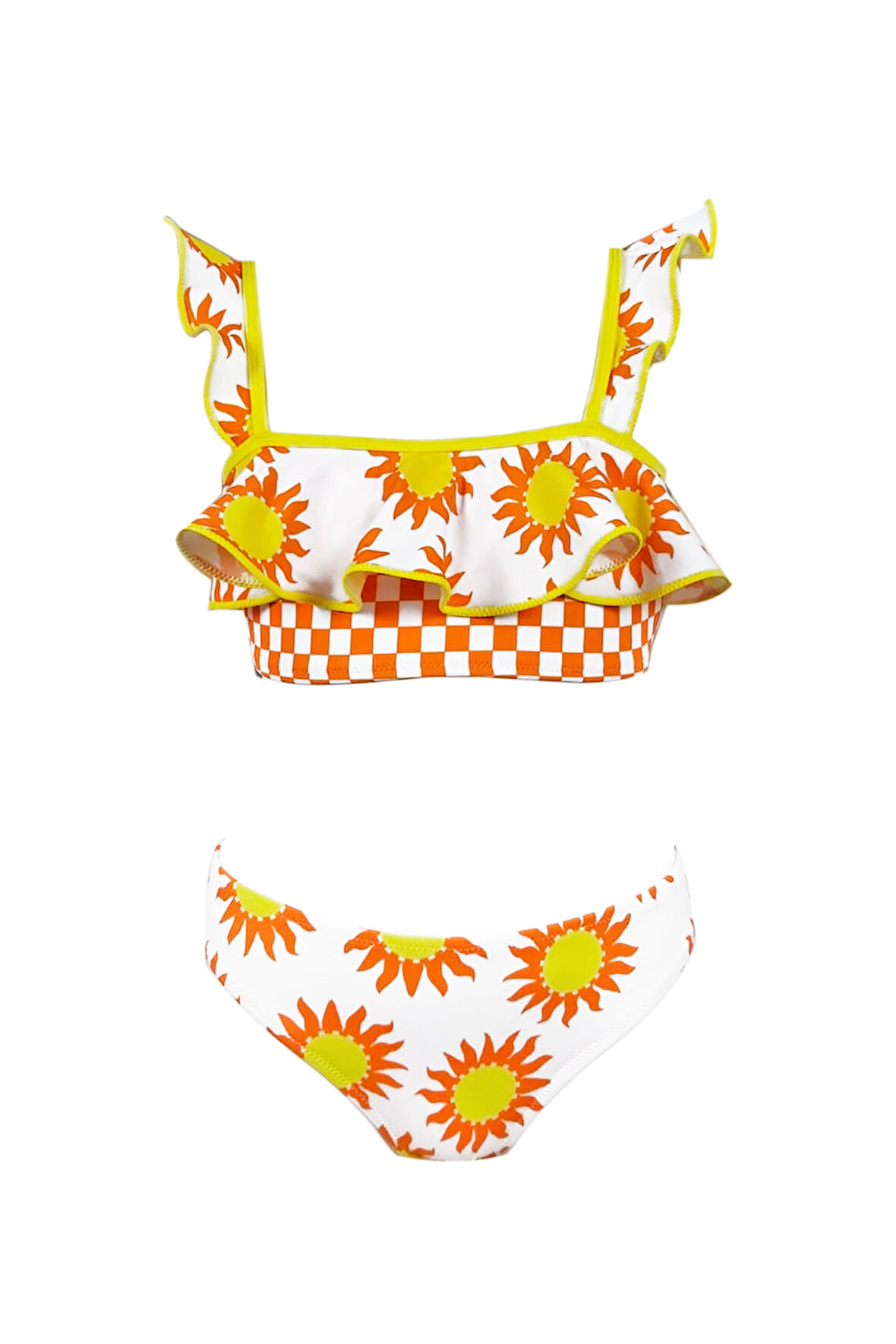 Güneş Desenli Fırfırlı UV50 Kız Çocuk Bikini Takımı By Nessi Byrd