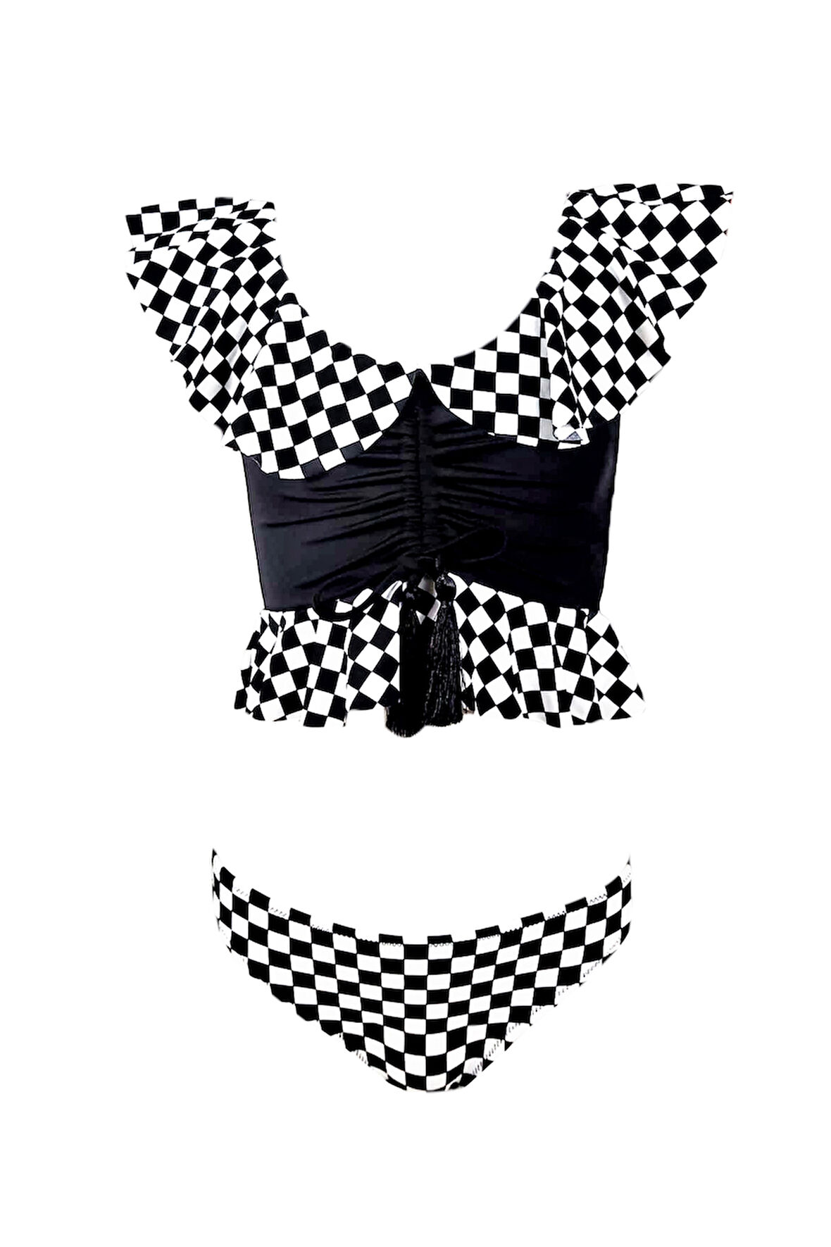 Dama Desenli Fırfırlı Büzgülü Püskül Detaylı UV50 Kız Çocuk Bikini Takımı By Nessi Byrd