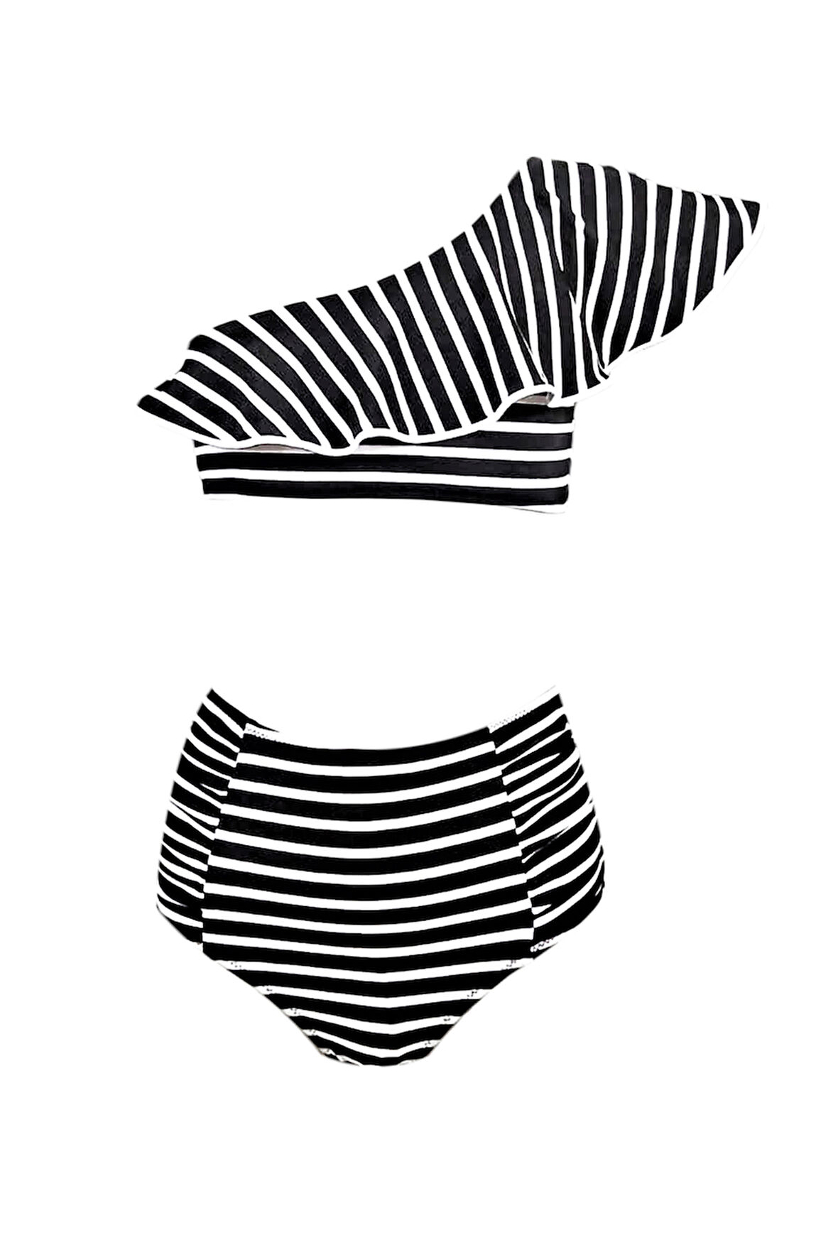 Tek Omuz Çizgili Fırfır Yüksek Bel 50UV Kız Çocuk Bikini Takımı by Nessi Byrd