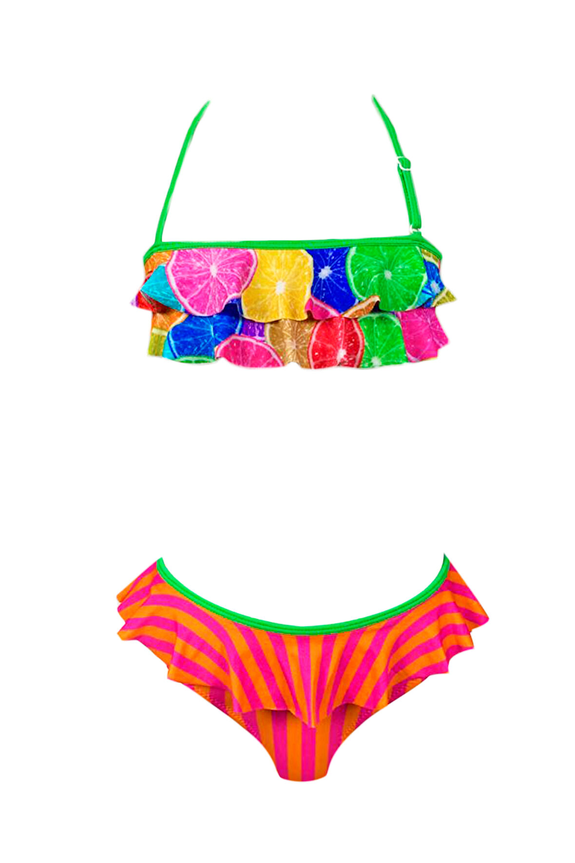 Halter Yaka Renkli Portakal Desenli Bandeau Fırfırlı 50UV Kız Çocuk Bikini Takımı by Nessi Byrd