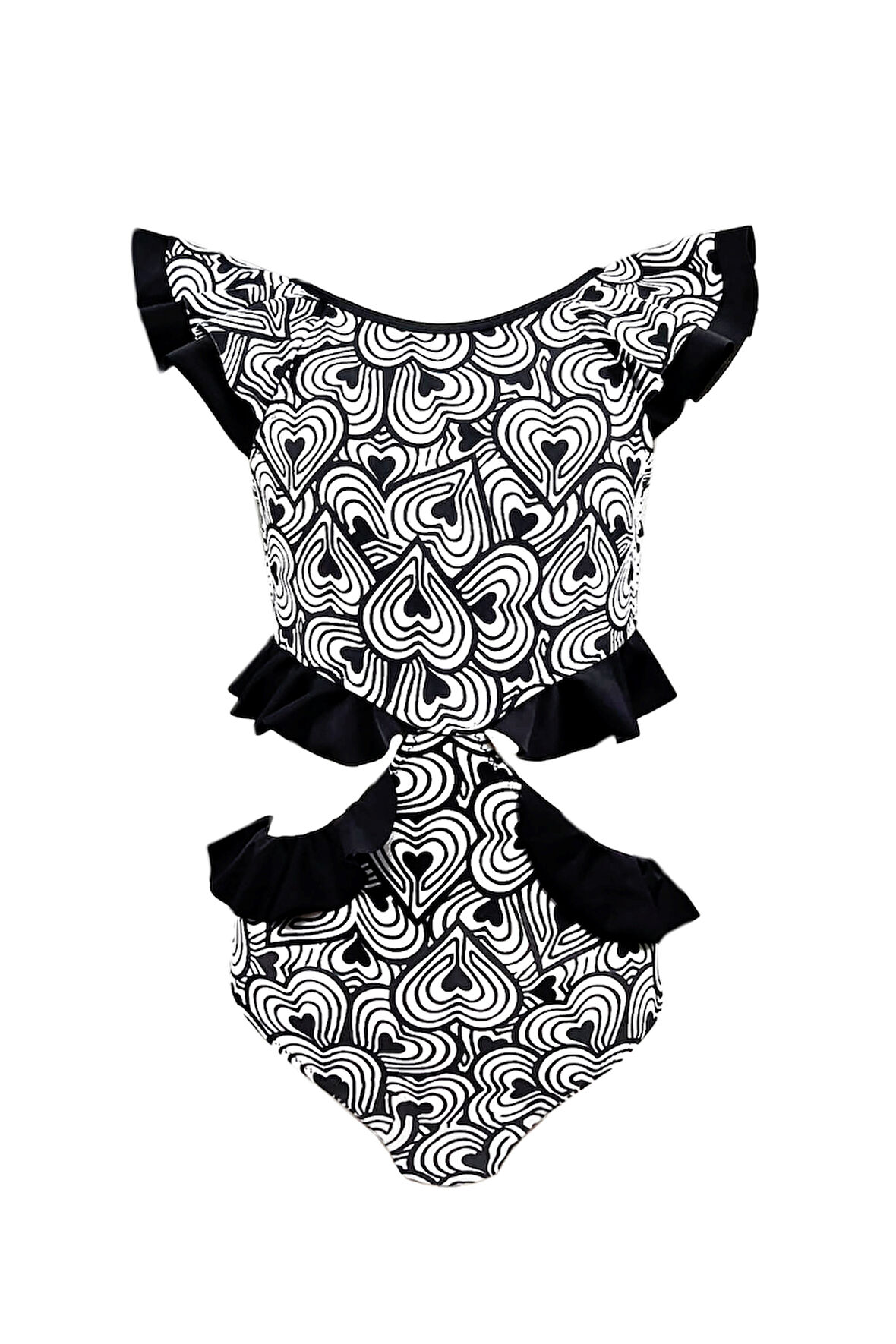 Siyah-Beyaz Kalp Desenli Cut-Out Fırfırlı Kız Çocuk Mayo By Nessi Byrd