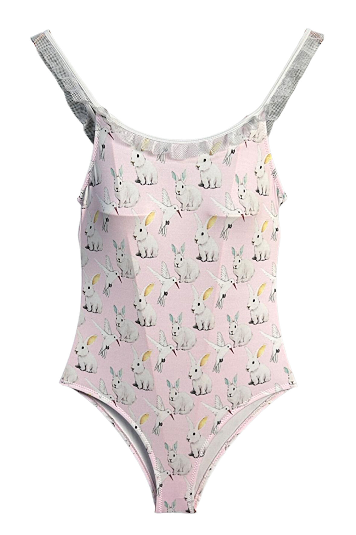 Tavşan ve Kuşlar Desenli Dantel Fırfırlı 50UV Kız Çocuk Mayo By Nessi Byrd