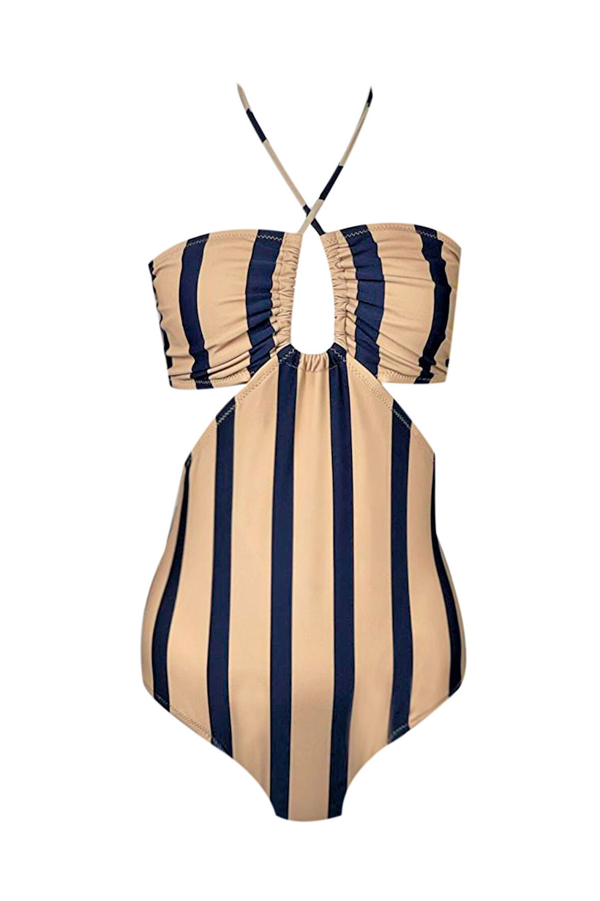 Halter Yaka Çizgili Büzgü Detaylı Kız Çocuk Mayo By Nessi Byrd