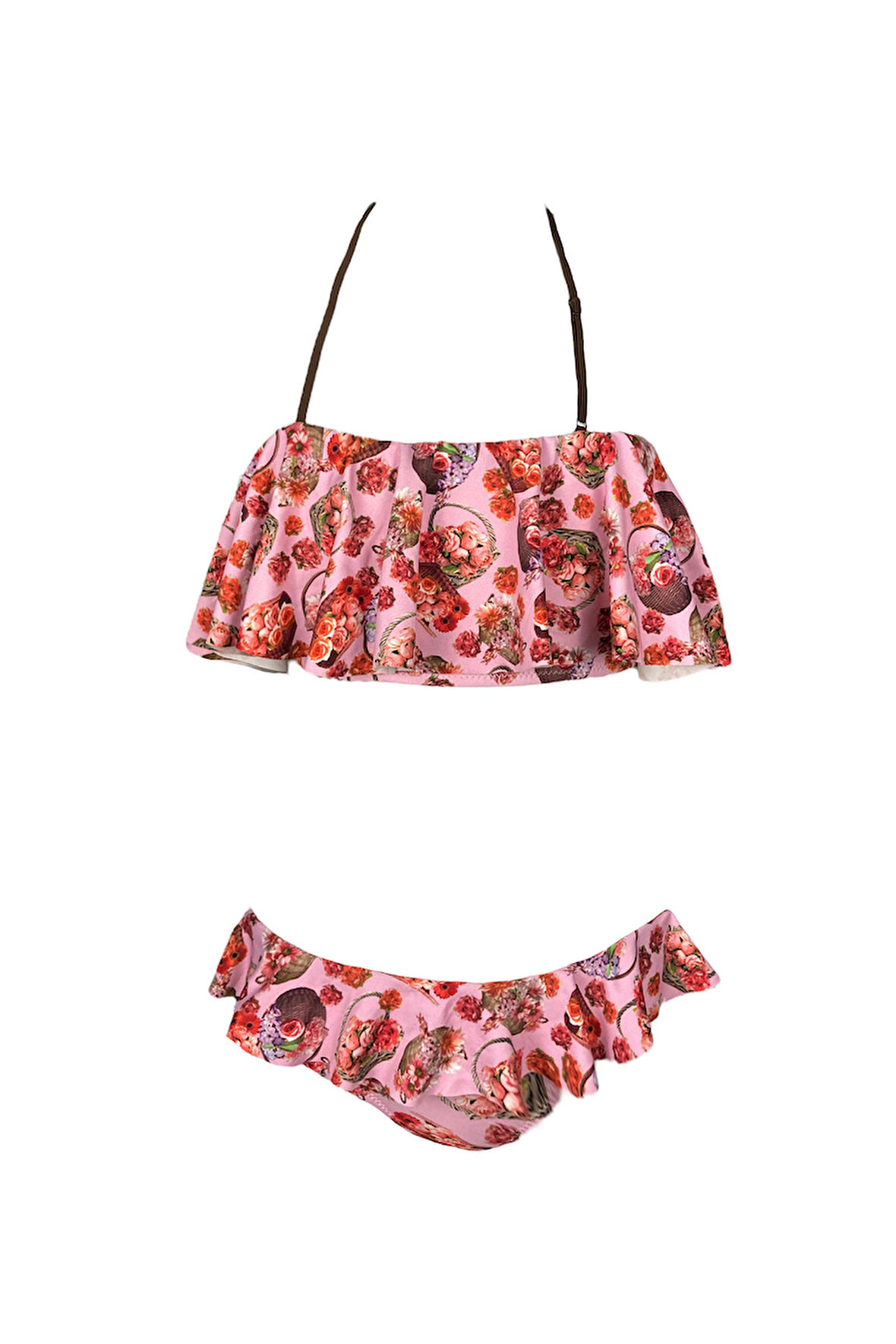 Halter Yaka Ayarlanabilir Askılı Çiçek Desenli Fırfırlı 50UV Kız Çocuk Bikini Takımı BY NESSI BYRD