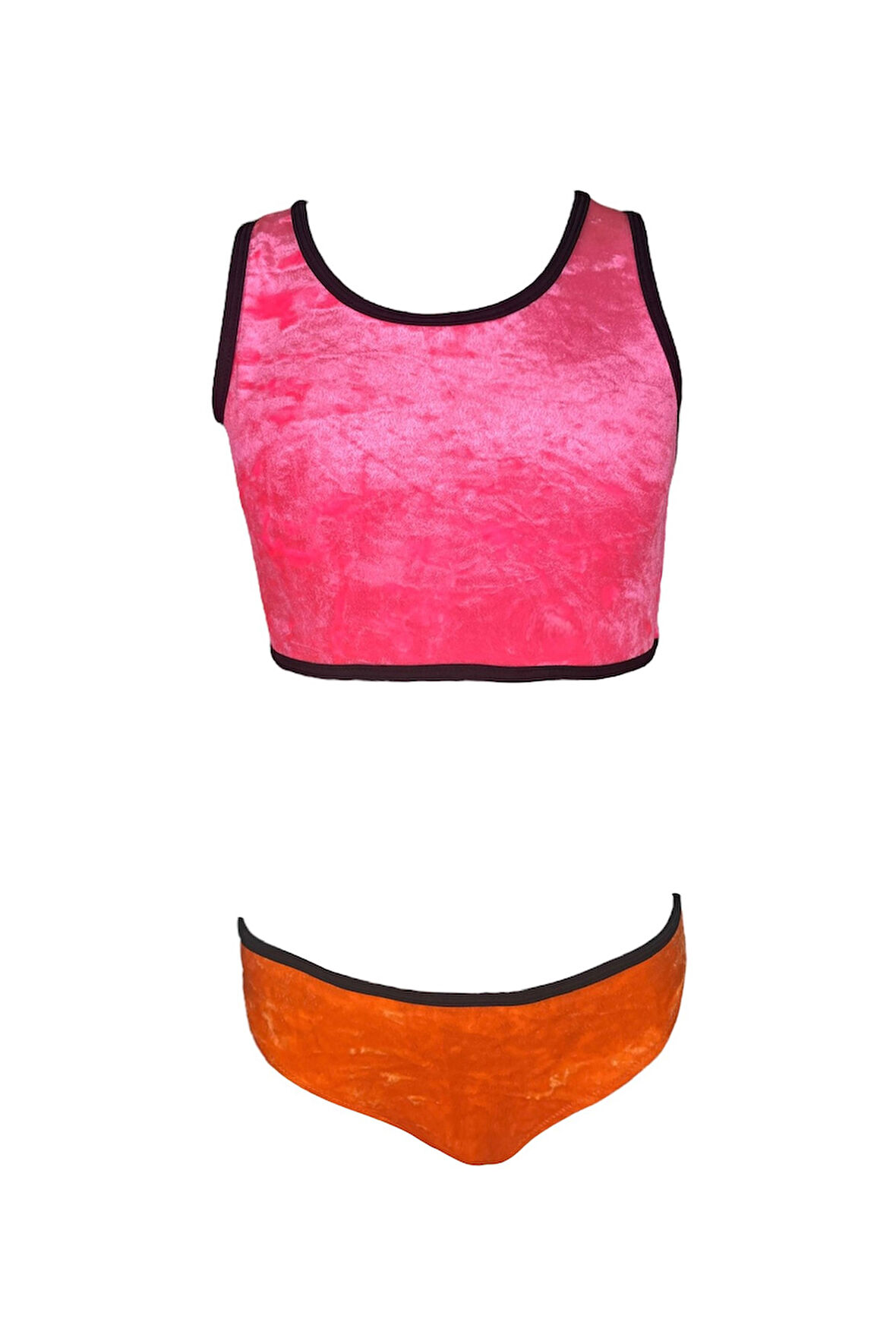 Omuz Askılı Kadife Çapraz Bağlamalı Sırt Detaylı Neon Pembe-turuncu 50UV Kız Çocuk Bikini Takımı BY NESSI BYRD