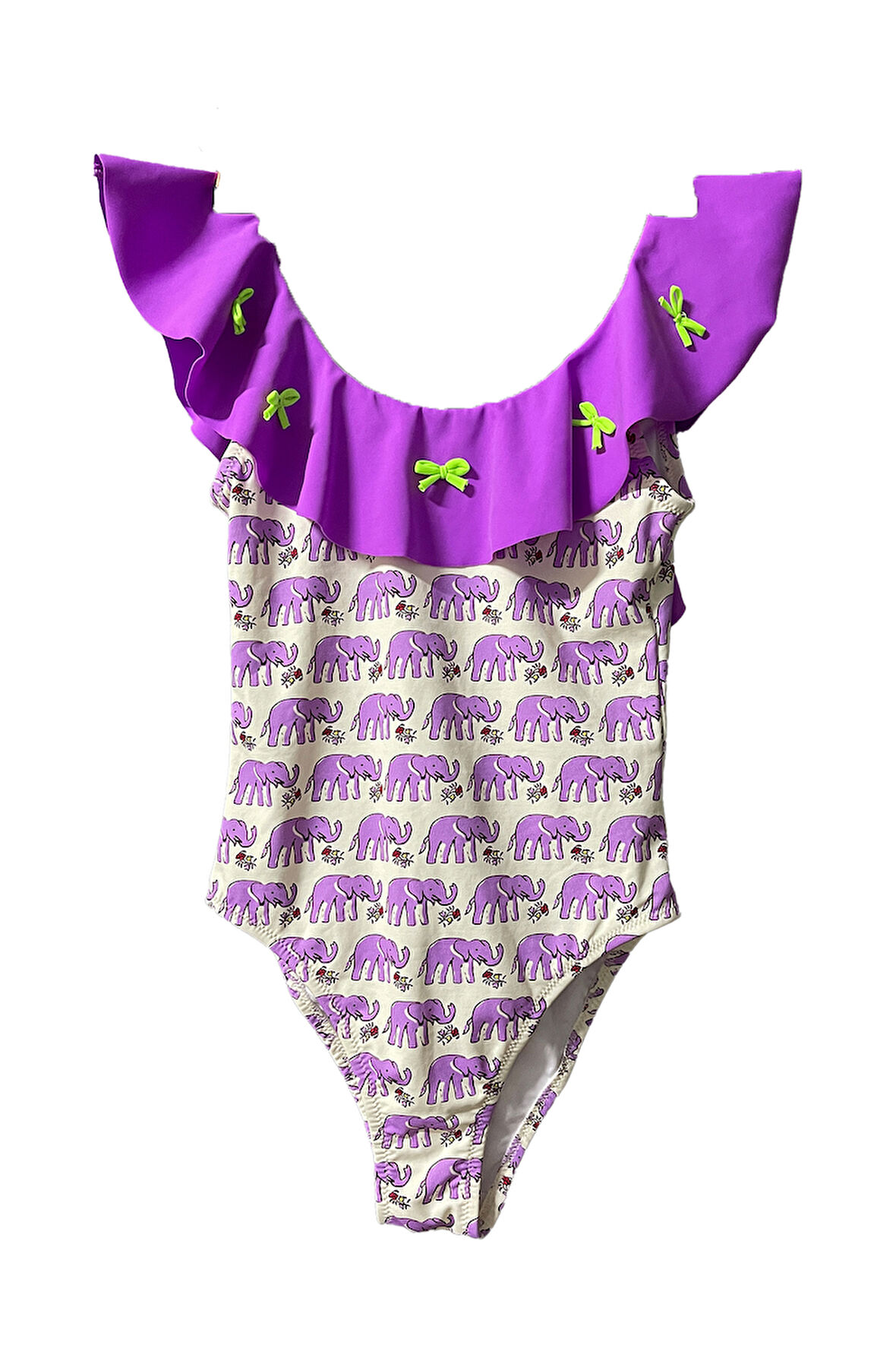 Fırfırlı Fil Desenli Minik Fiyonk Detaylı Mor 50UV Kız Çocuk Mayo BY NESSI BYRD