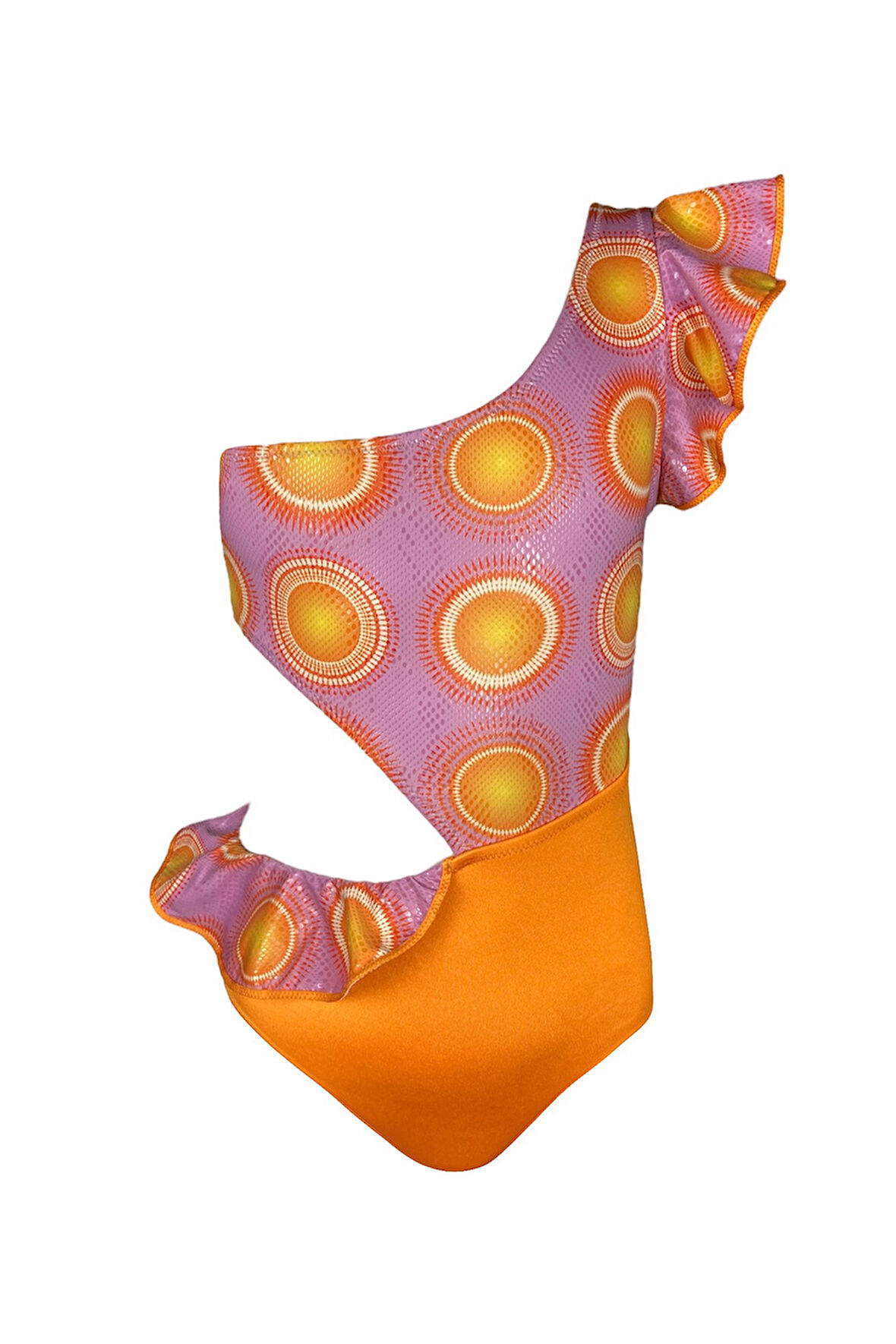 Tek Omuz Parlak Deri Görünümlü Güneş Desenli Fırfırlı 50UV Kız Çocuk Mayo BY NESSI BYRD