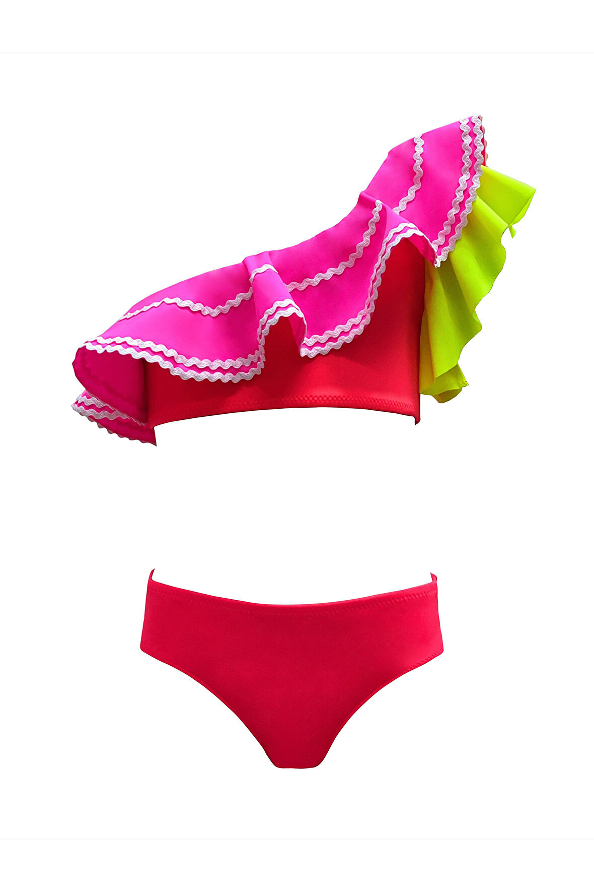 Tek Omuz Pembe-yeşil Fırfırlı Su Taşı Detaylı 50UV Kız Çocuk Bikini Takımı