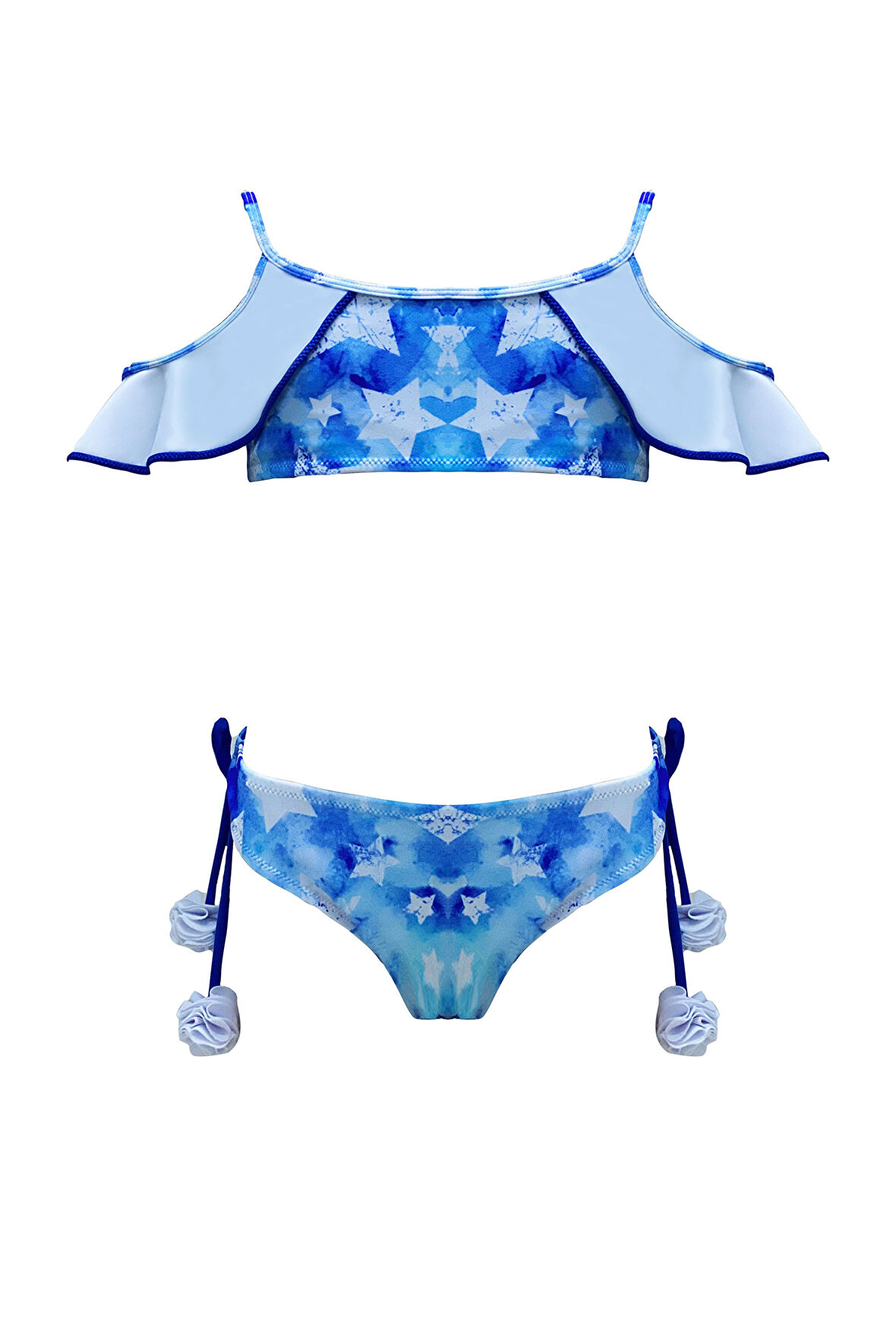 Halter Yaka Fırfırlı Yıldız Baskılı Ponpon Detaylı 50UV Kız Çocuk Bikini Takımı